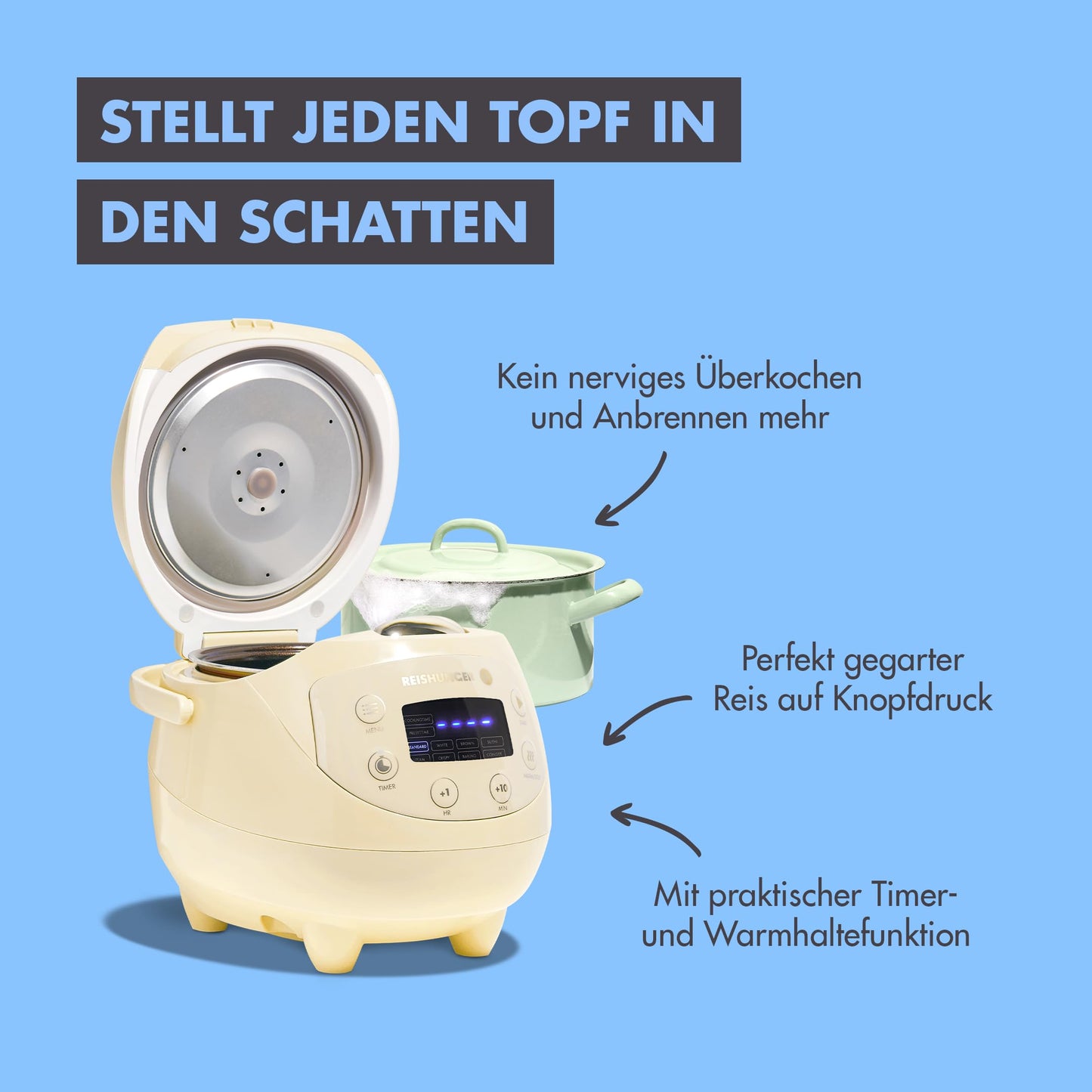 REISHUNGER Digitaler Reiskocher klein, schwarz | 0,6 L bis 3 Personen | Warmhaltefunktion, Timer & Premium Topf | Kleiner Multikocher & Dampfgarer, 8 Programme, 7-Phasen-Technologie
