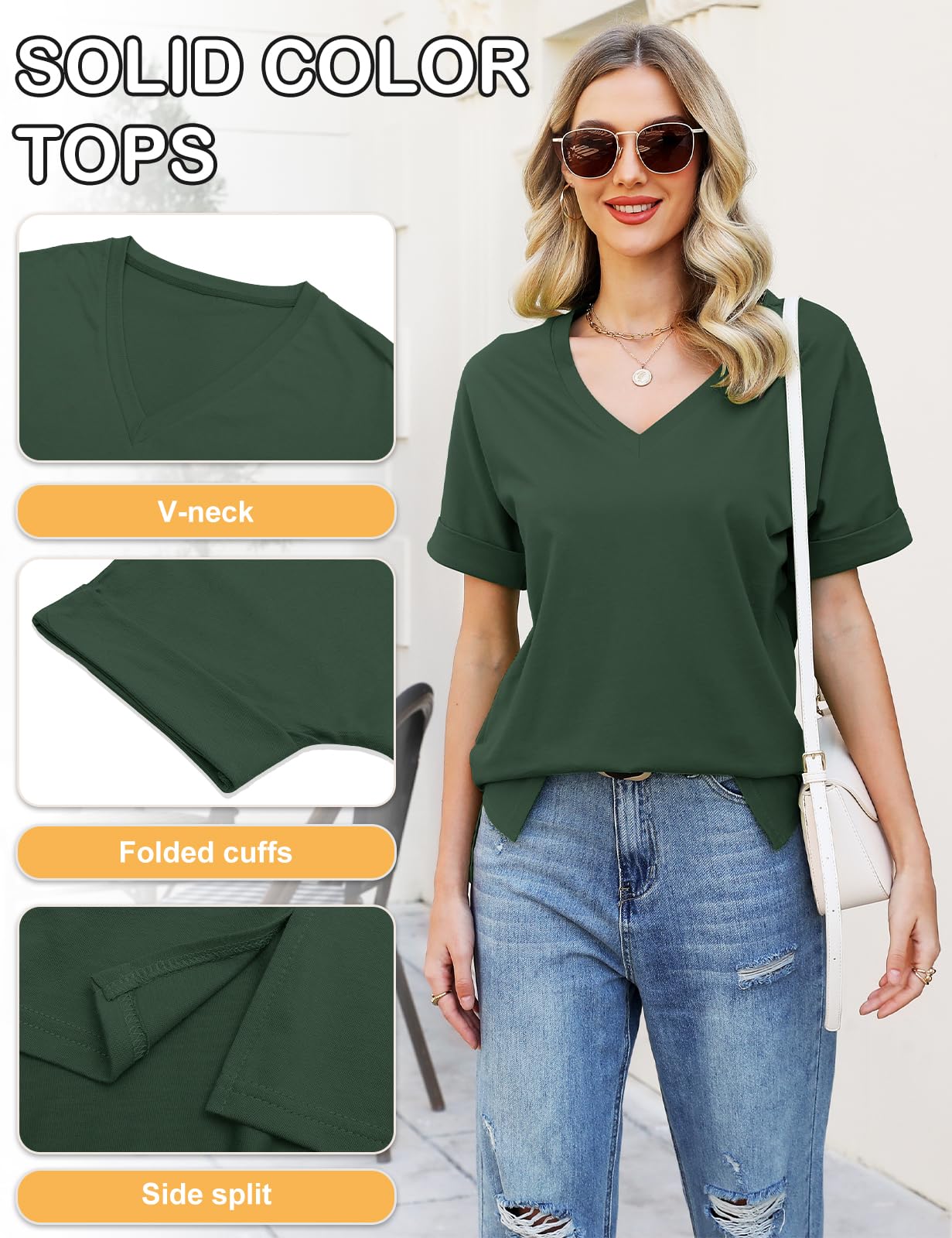 Women’s V-Neck Cotton T-Shirt – Short Sleeve Loose Fit Summer Tee