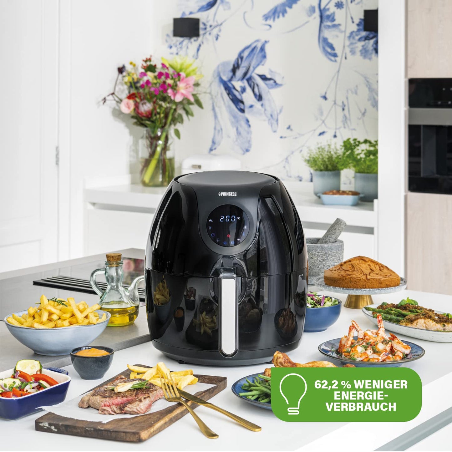 Princess Digital Hot Air Fryer - 6.5 L - with Removable Divider - 60 Percent Less Energy Consumption - Digital Touchscreen - 12 Programmes - Oil Free - Black - 182061