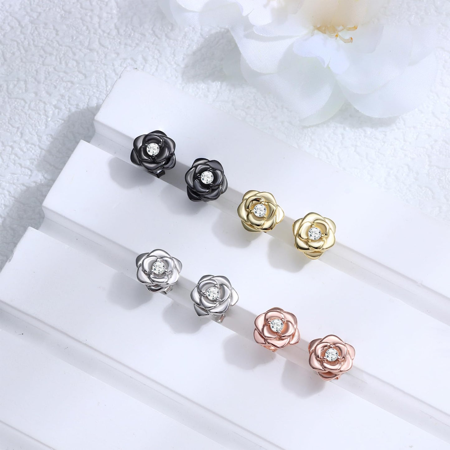 Small Rose Stud Earrings – 925 Sterling Silver with Zirconia