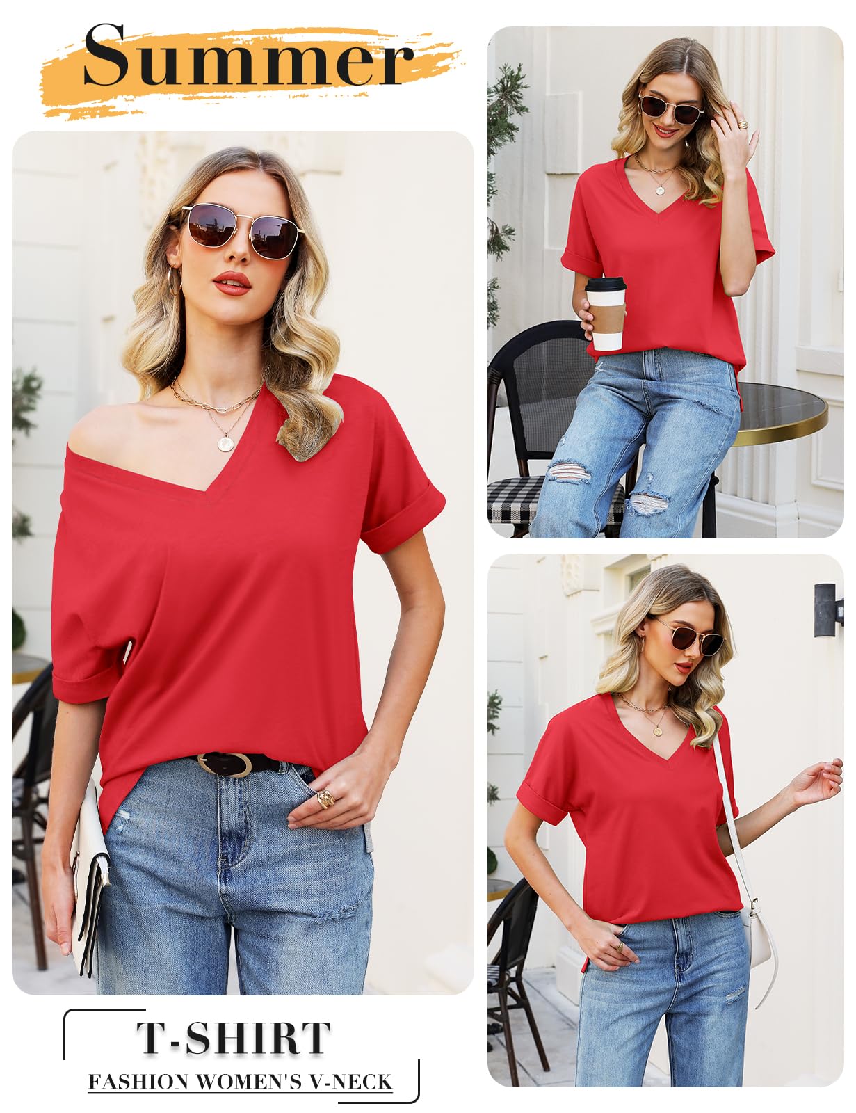 Women’s V-Neck Cotton T-Shirt – Short Sleeve Loose Fit Summer Tee