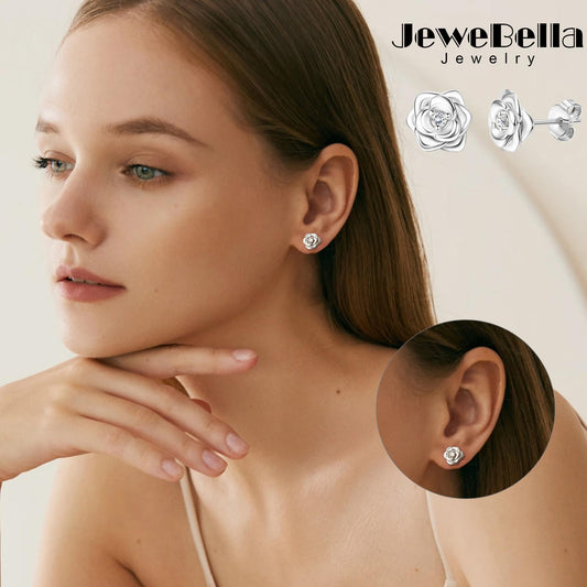 Small Rose Stud Earrings – 925 Sterling Silver with Zirconia