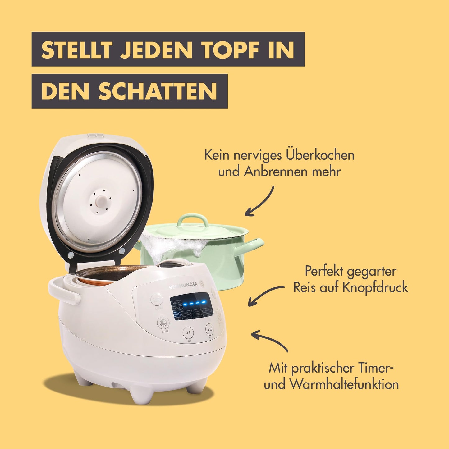 REISHUNGER Digitaler Reiskocher klein, schwarz | 0,6 L bis 3 Personen | Warmhaltefunktion, Timer & Premium Topf | Kleiner Multikocher & Dampfgarer, 8 Programme, 7-Phasen-Technologie