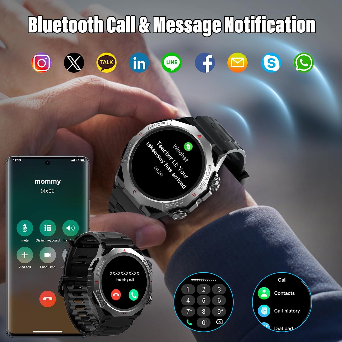 Militär Smartwatch Herren Damen, Smart Watch mitTelefonfunktion 1,39" Touchscreen, Herzfrequenzmonitor Schlafmonitor IP68 Wasserdicht Sportuhr, 110+ Sportmodi Fitnessuhr für iOS Android, Schwarz