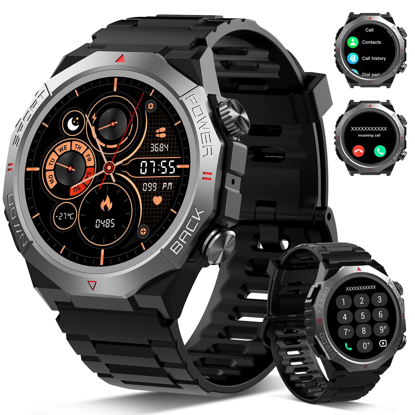 Militär Smartwatch Herren Damen, Smart Watch mitTelefonfunktion 1,39" Touchscreen, Herzfrequenzmonitor Schlafmonitor IP68 Wasserdicht Sportuhr, 110+ Sportmodi Fitnessuhr für iOS Android, Schwarz