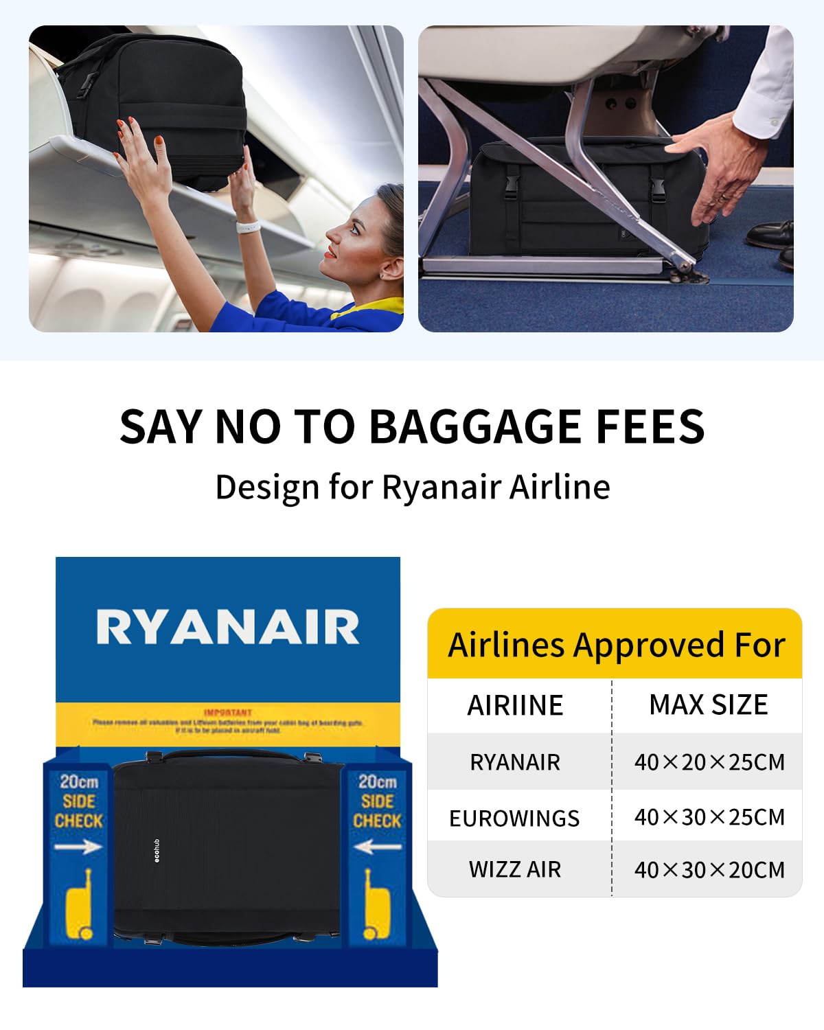 ECOHUB Ryanair Hand Luggage Backpack – Waterproof & Eco-Friendly Travel Backpack