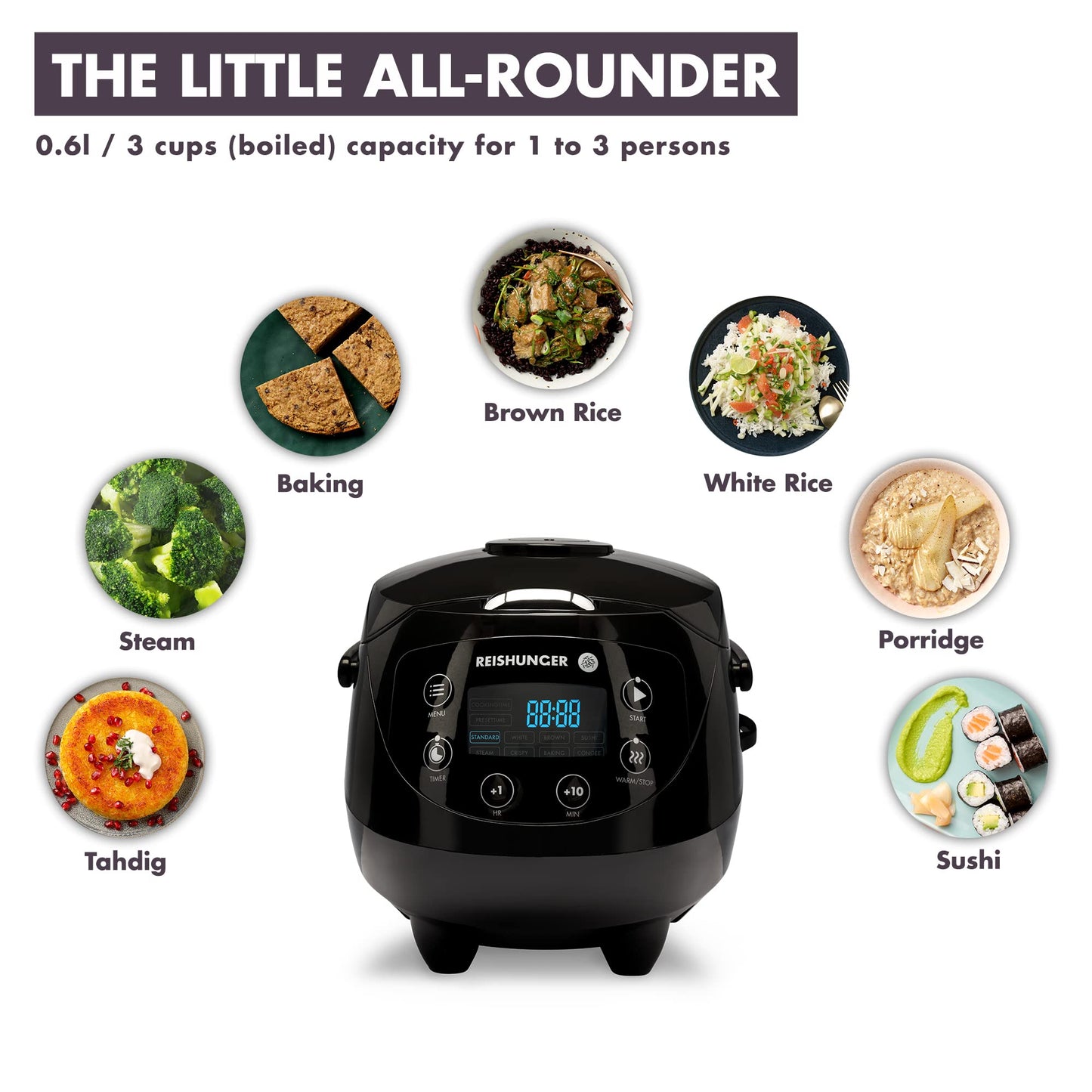 REISHUNGER Digitaler Reiskocher klein, schwarz | 0,6 L bis 3 Personen | Warmhaltefunktion, Timer & Premium Topf | Kleiner Multikocher & Dampfgarer, 8 Programme, 7-Phasen-Technologie