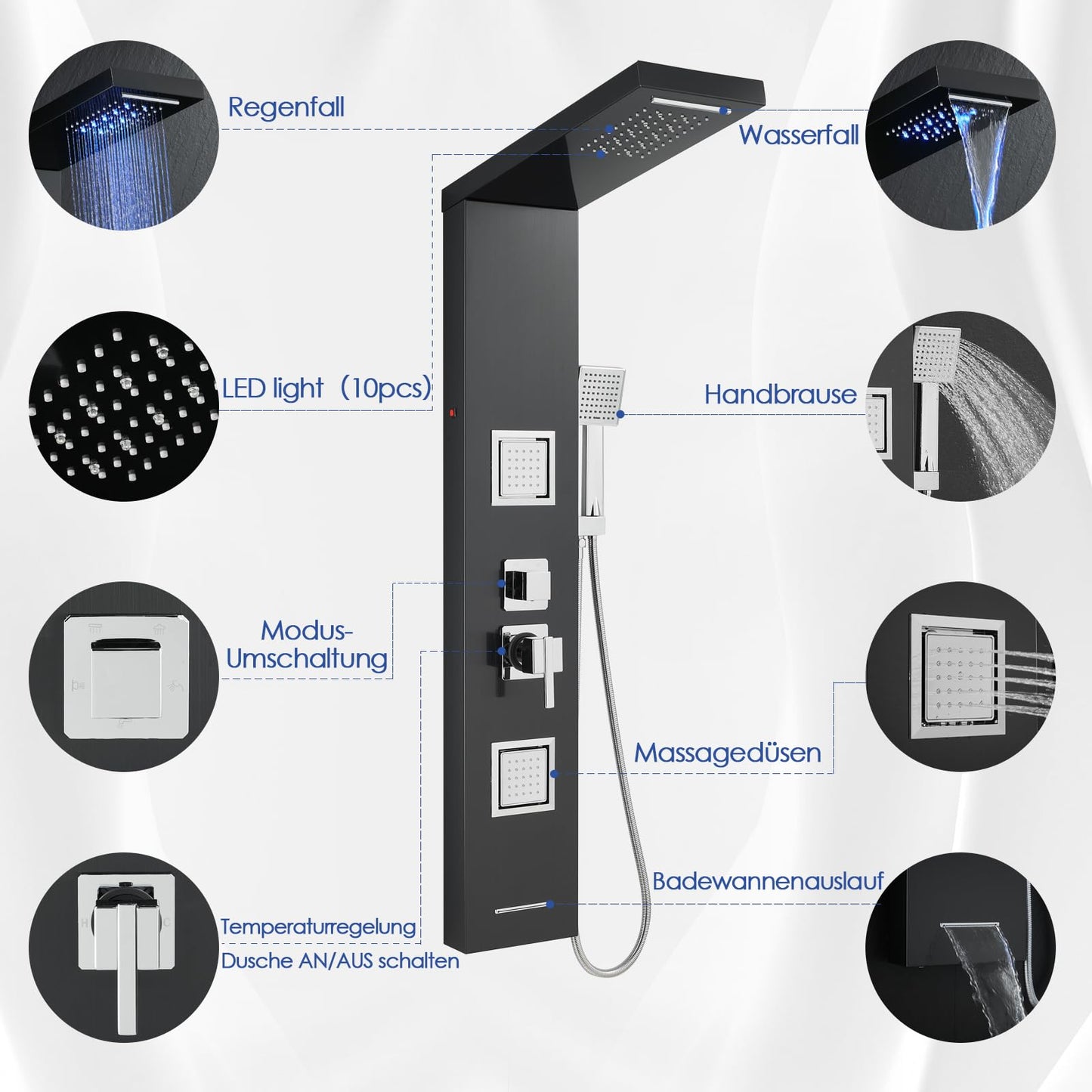 LED Duschpaneel mit Thermostat, OUGOO 6 Funktionen Duschpaneel mit Armatur, Regendusche, Wasserfalldusche, 2-Typ-Massagedüsen, Handbrause und Badewanneneinlauf, 304 Edelstahl, Schwarz