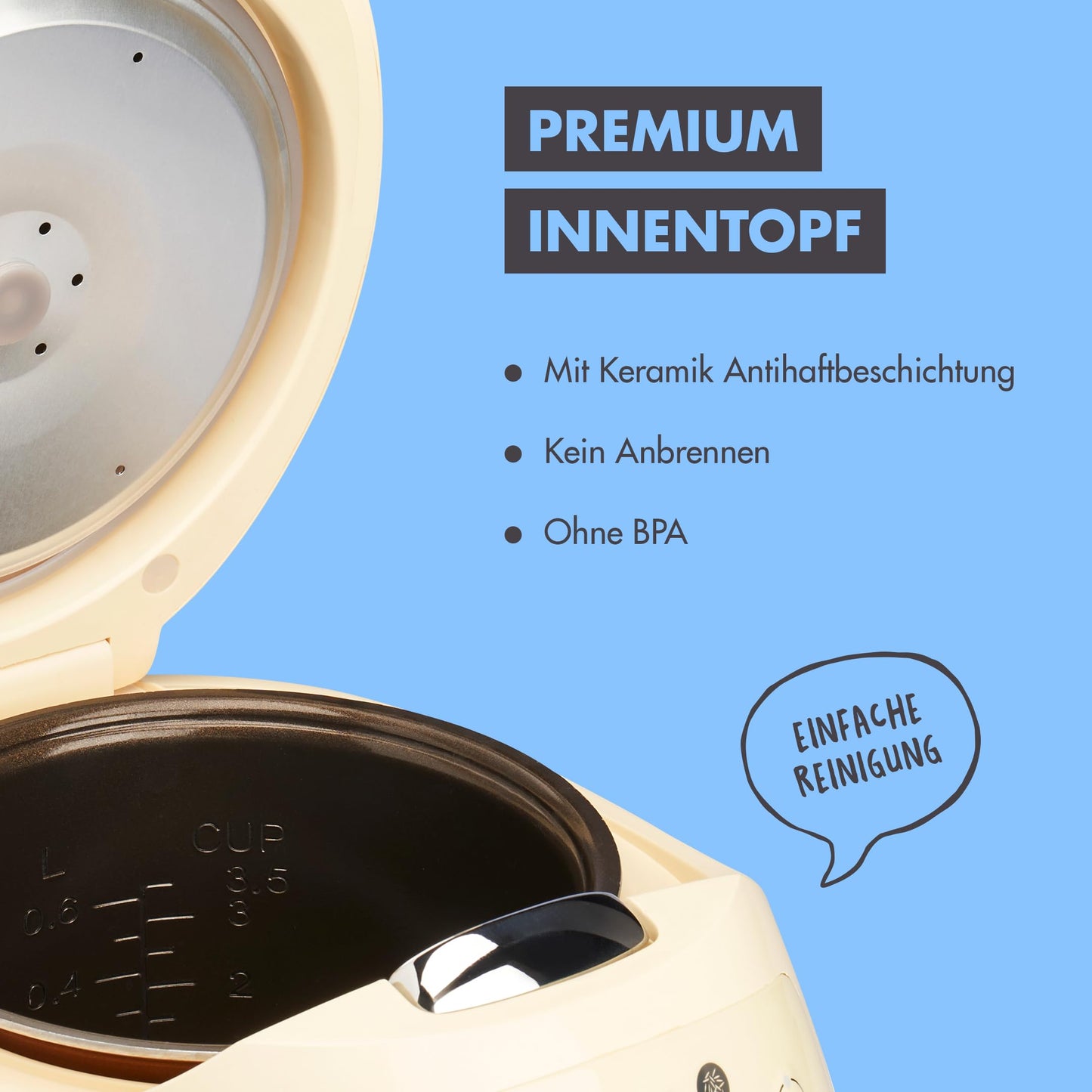 REISHUNGER Digitaler Reiskocher klein, schwarz | 0,6 L bis 3 Personen | Warmhaltefunktion, Timer & Premium Topf | Kleiner Multikocher & Dampfgarer, 8 Programme, 7-Phasen-Technologie