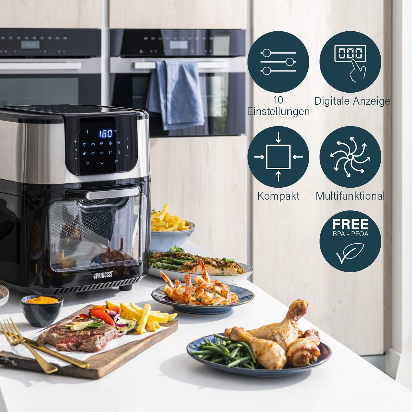 Princess Digital Hot Air Fryer - 6.5 L - with Removable Divider - 60 Percent Less Energy Consumption - Digital Touchscreen - 12 Programmes - Oil Free - Black - 182061