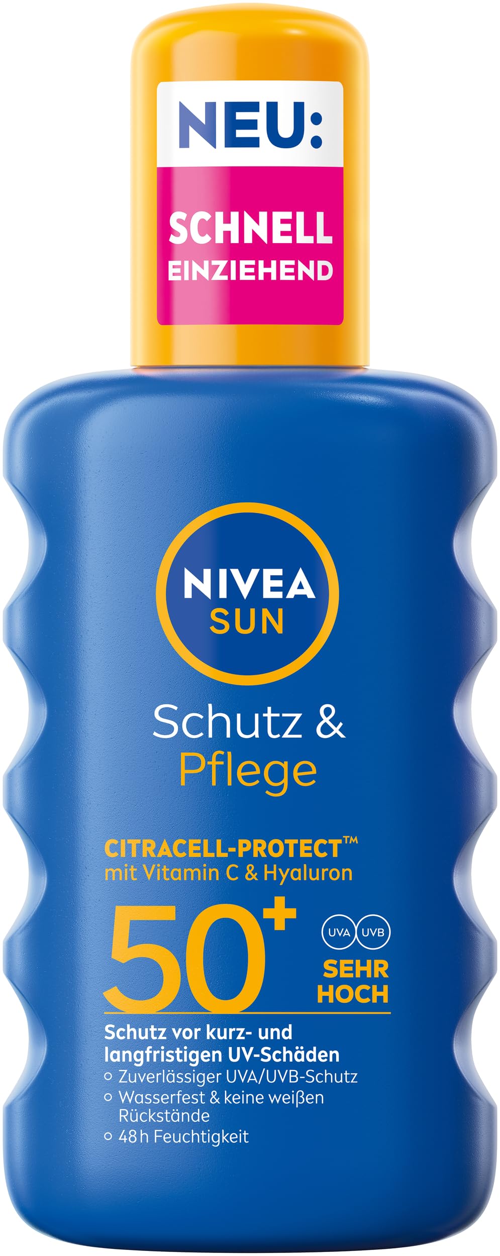 NIVEA SUN Schutz & Pflege Sonnenspray LSF 50+, wasserfestes Sonnencreme Spray mit Vitamin C & Hyaluron, schnell einziehender Sonnenschutz für 48h Feuchtigkeit (200 ml)