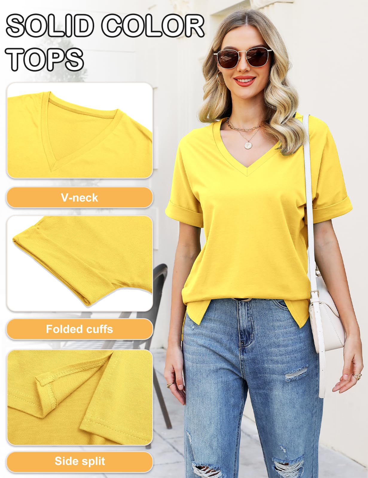 Women’s V-Neck Cotton T-Shirt – Short Sleeve Loose Fit Summer Tee