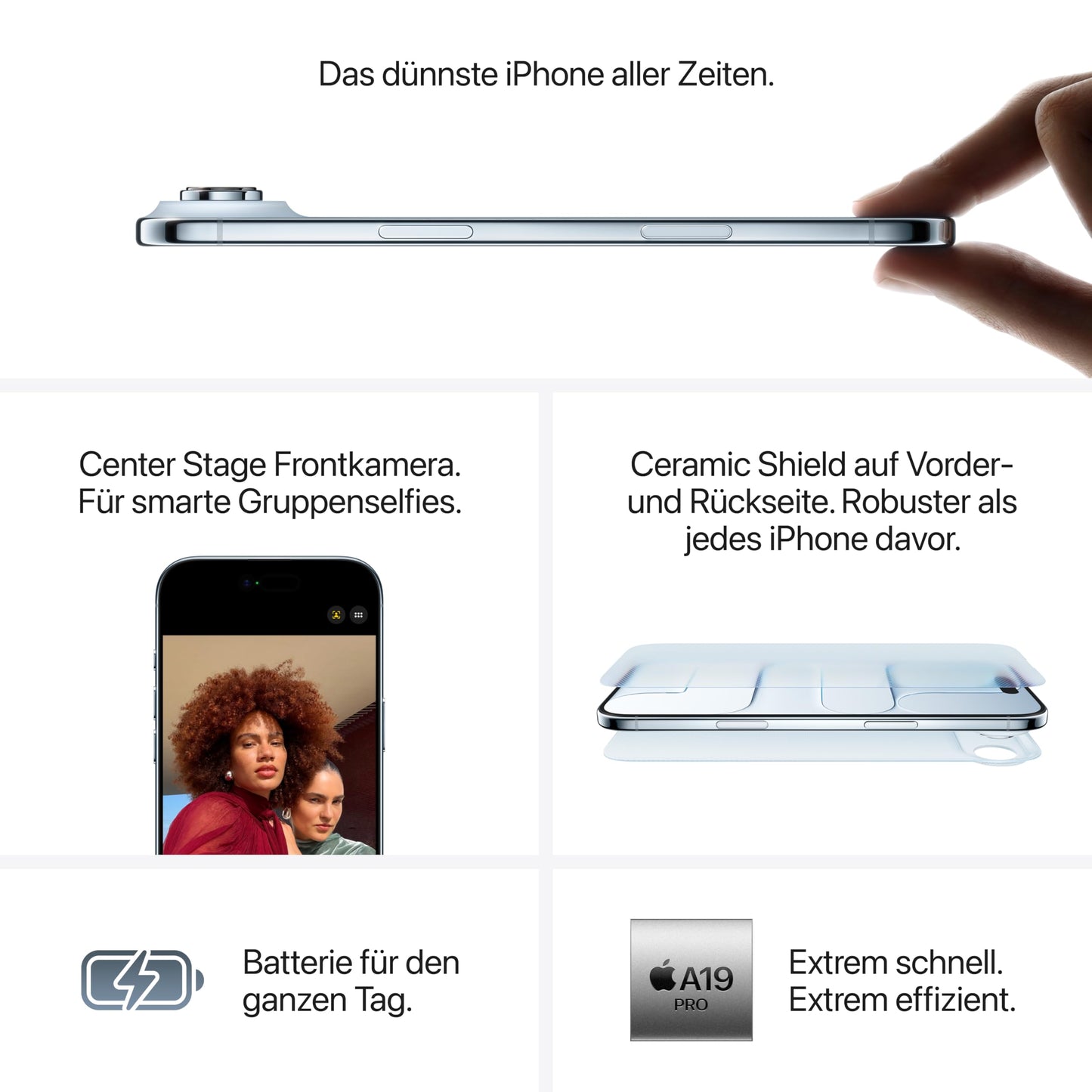 Apple iPhone Air 256 GB: Dünnstes iPhone Aller Zeiten, 6,5" Display mit Promotion bis zu 120 Hz, starker A19 Pro Chip, Center Stage Frontkamera, Batterie für den ganzen Tag, eSim; Wolkenweiß