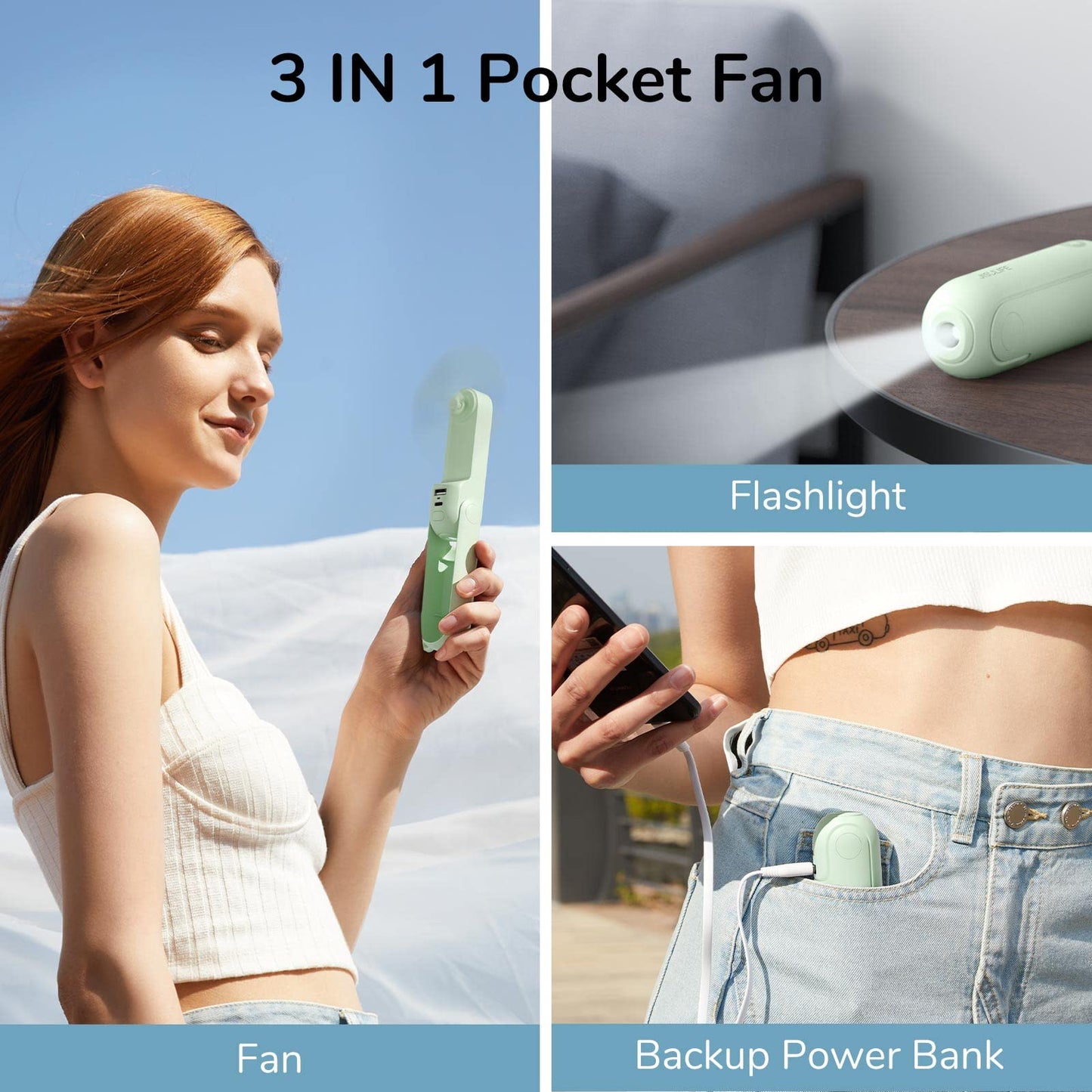 JISULIFE Mini Handventilator, 3-in-1 Handventilator, wiederaufladbarer USB [12–19 Betriebsstunden] mit Powerbank, Taschenlampe, tragbarer Ventilator für Reisen/Sommer, Geschenke für Frauen-Rosa
