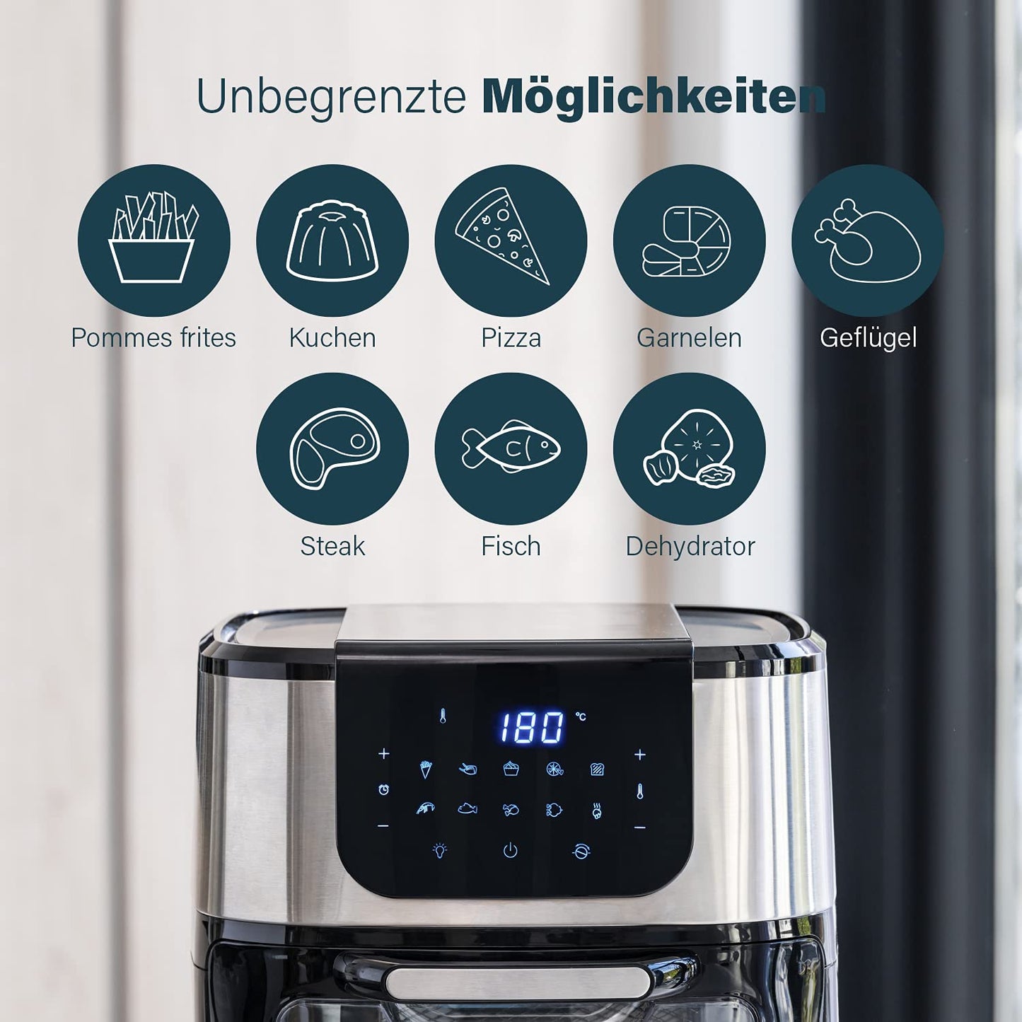 Princess Digital Hot Air Fryer - 6.5 L - with Removable Divider - 60 Percent Less Energy Consumption - Digital Touchscreen - 12 Programmes - Oil Free - Black - 182061