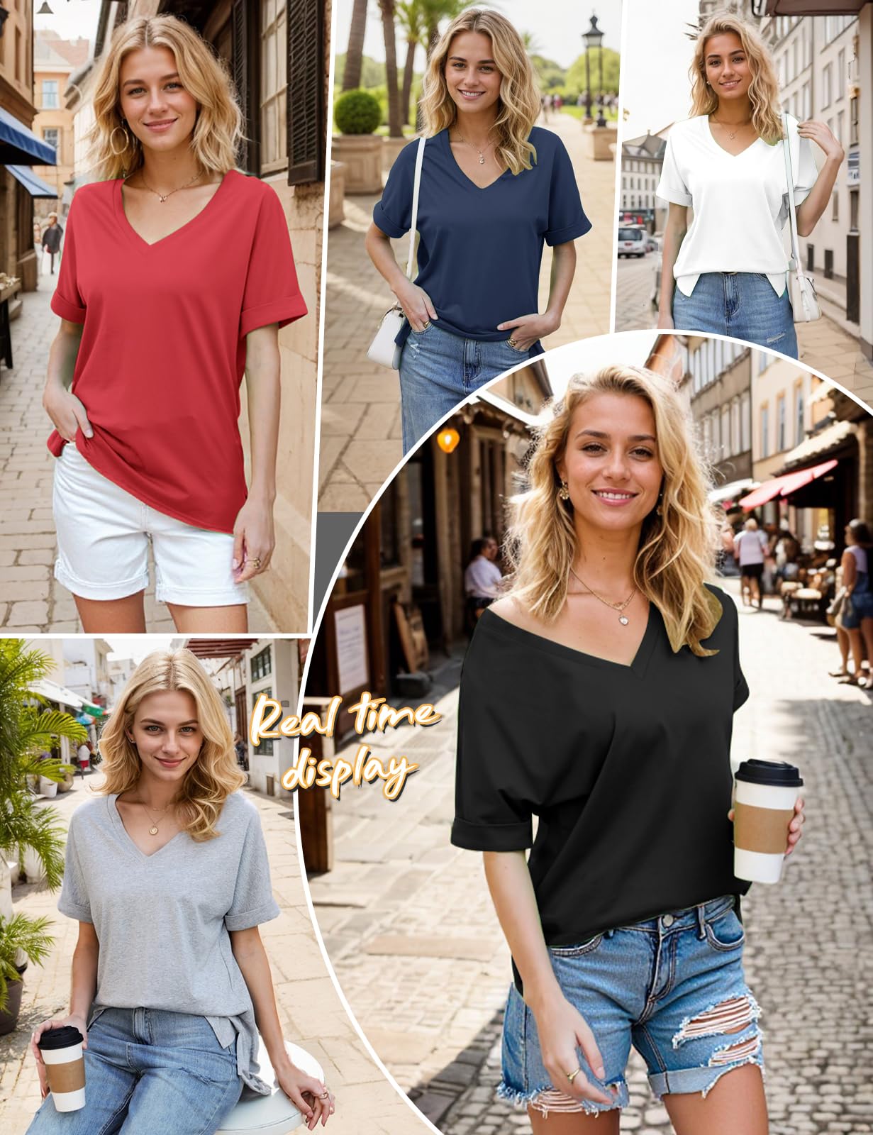 Women’s V-Neck Cotton T-Shirt – Short Sleeve Loose Fit Summer Tee