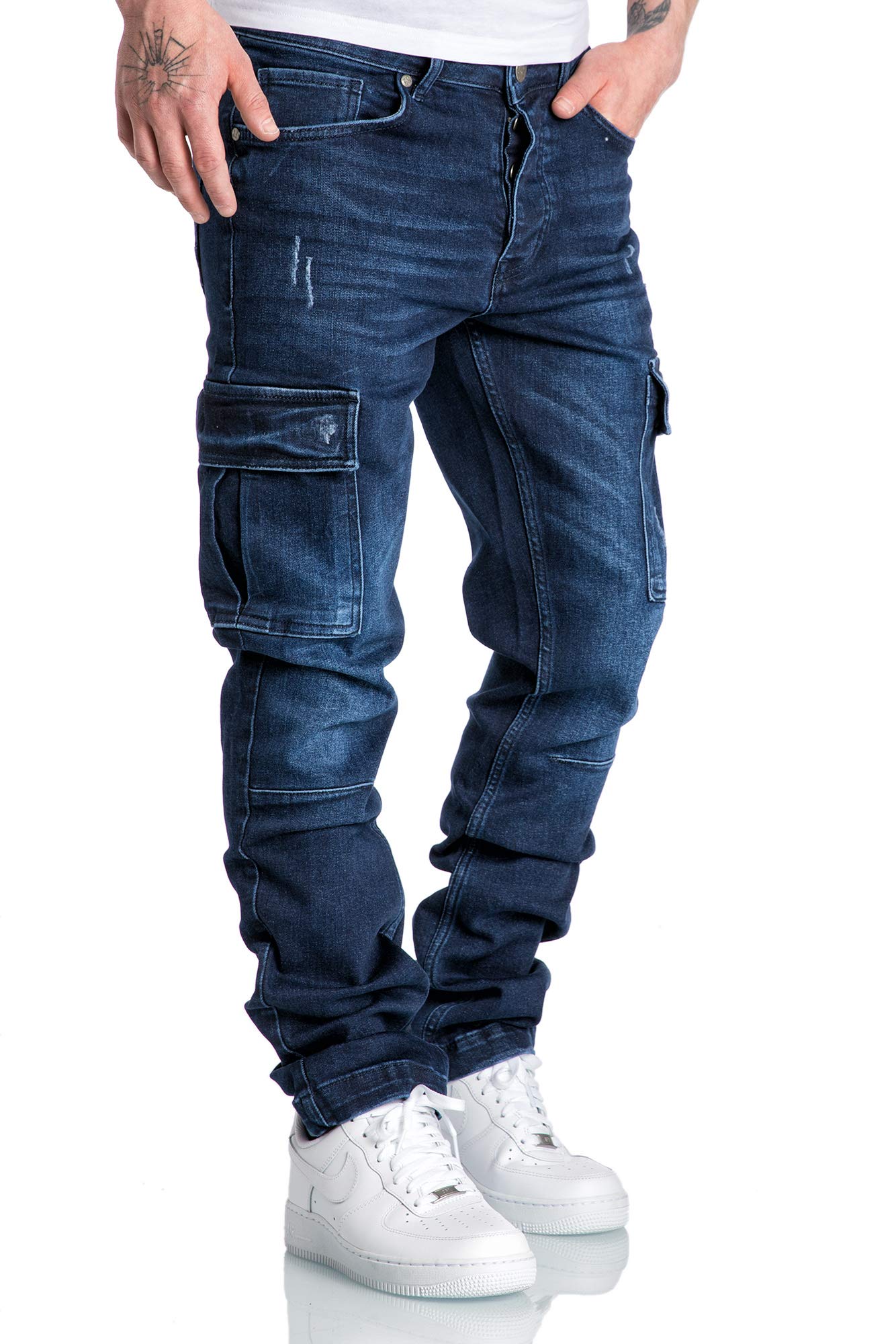 Amaci&Sons Men’s Cargo Jeans – Regular Slim Fit Destroyed Denim Pants