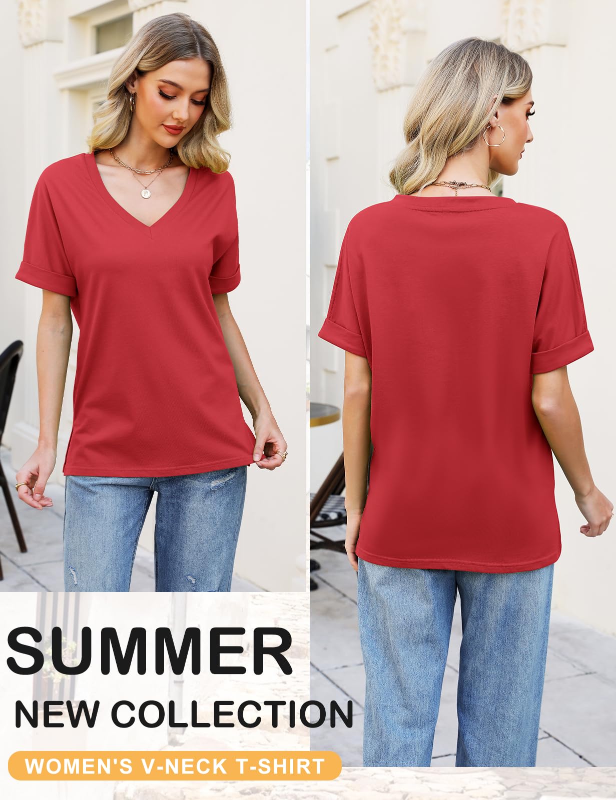 Women’s V-Neck Cotton T-Shirt – Short Sleeve Loose Fit Summer Tee
