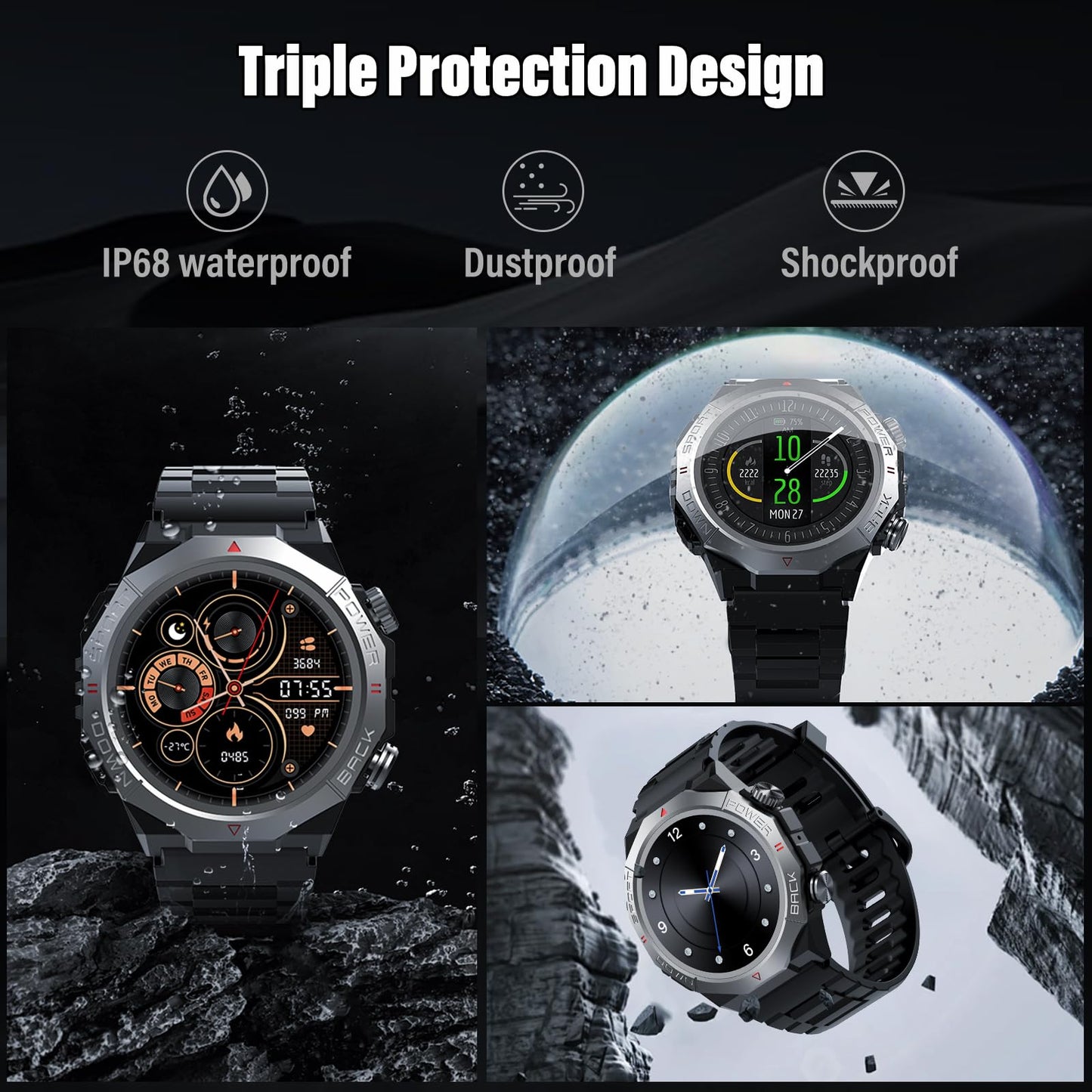 Militär Smartwatch Herren Damen, Smart Watch mitTelefonfunktion 1,39" Touchscreen, Herzfrequenzmonitor Schlafmonitor IP68 Wasserdicht Sportuhr, 110+ Sportmodi Fitnessuhr für iOS Android, Schwarz