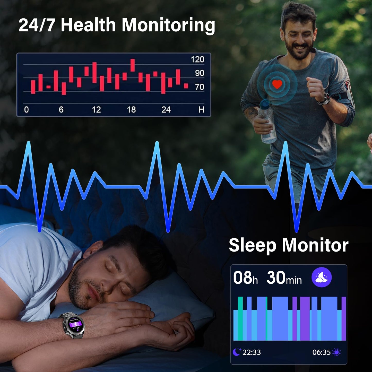 Militär Smartwatch Herren Damen, Smart Watch mitTelefonfunktion 1,39" Touchscreen, Herzfrequenzmonitor Schlafmonitor IP68 Wasserdicht Sportuhr, 110+ Sportmodi Fitnessuhr für iOS Android, Schwarz