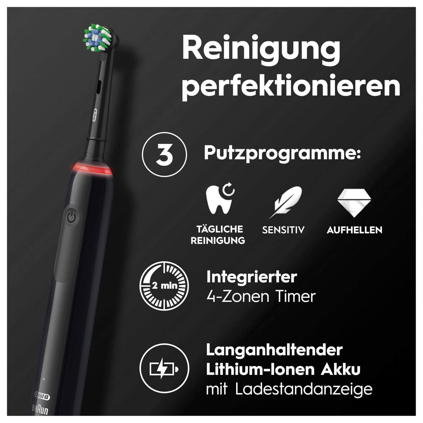 Oral-B PRO 3 3500 Elektrische Zahnbürste/Electric Toothbrush, 2 Aufsteckbürsten, mit 3 Putzmodi und visueller 360° Andruckkontrolle für Zahnpflege, Reiseetui, Geschenk Mann/Frau, schwarz