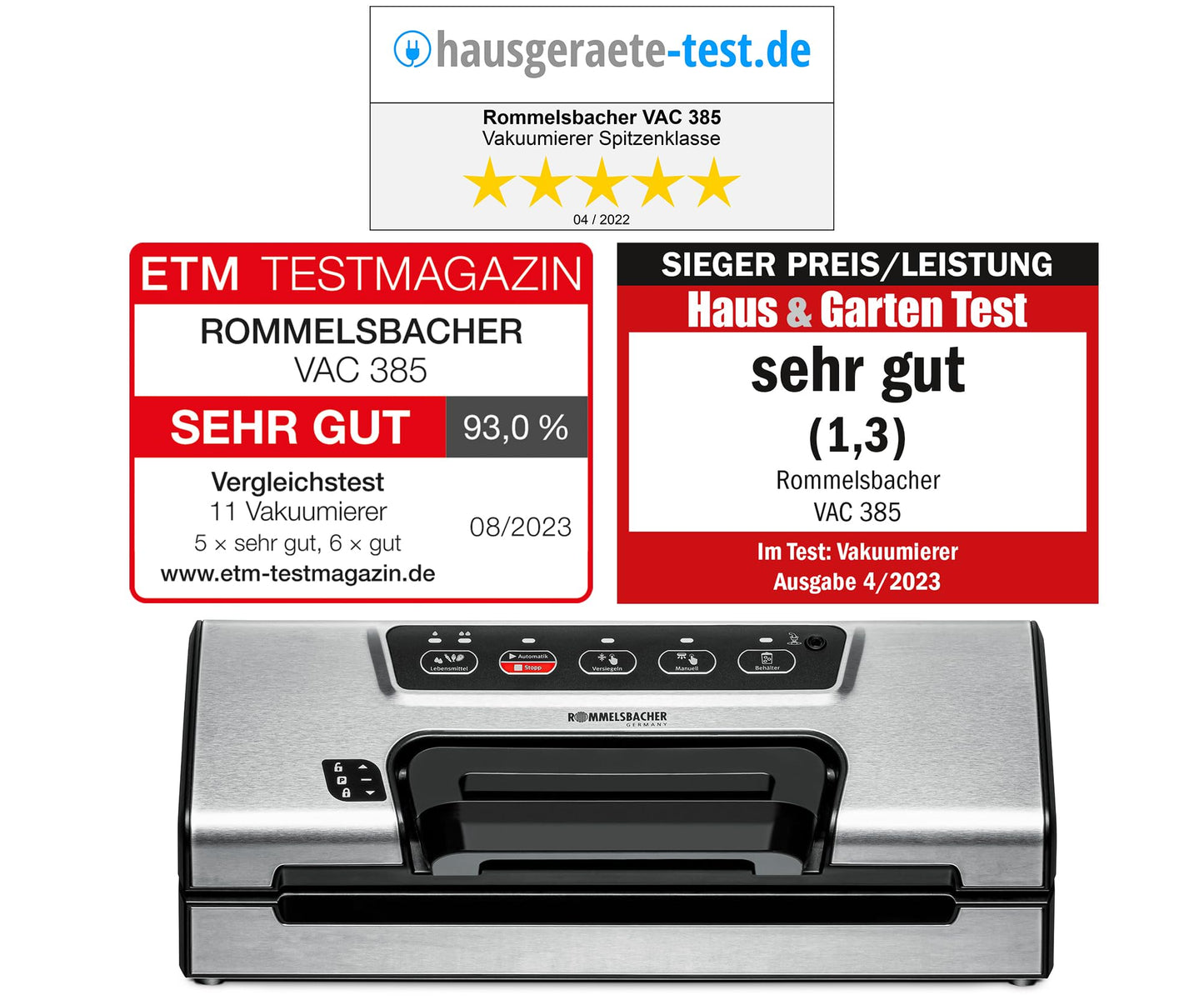 ROMMELSBACHER Vakuumierer VAC 485 - Absaugleistung 15 Liter/Min., Einhand-Bedienung, für Langzeitbetrieb geeignet, Doppel-Versiegelungsnaht, 2 Versiegelungszeiten, für Folien bis 30 cm Breite