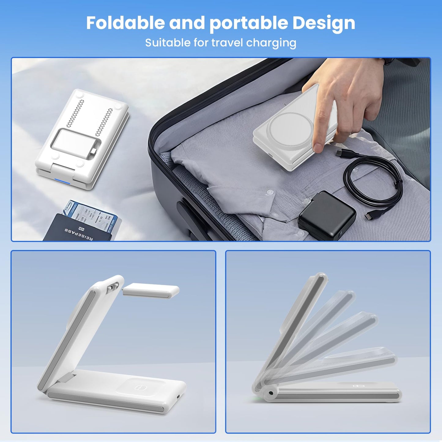 CIYOYO 3-in-1 Wireless Charging Station, Foldable MagSafe Charger for iPhone 16/15/14 Pro Max/Plus, Wireless Charger Stand for Apple Watch 10/9/8/7/6/5/Ultra, for AirPods 4/3/2/Pro, with Adapter 