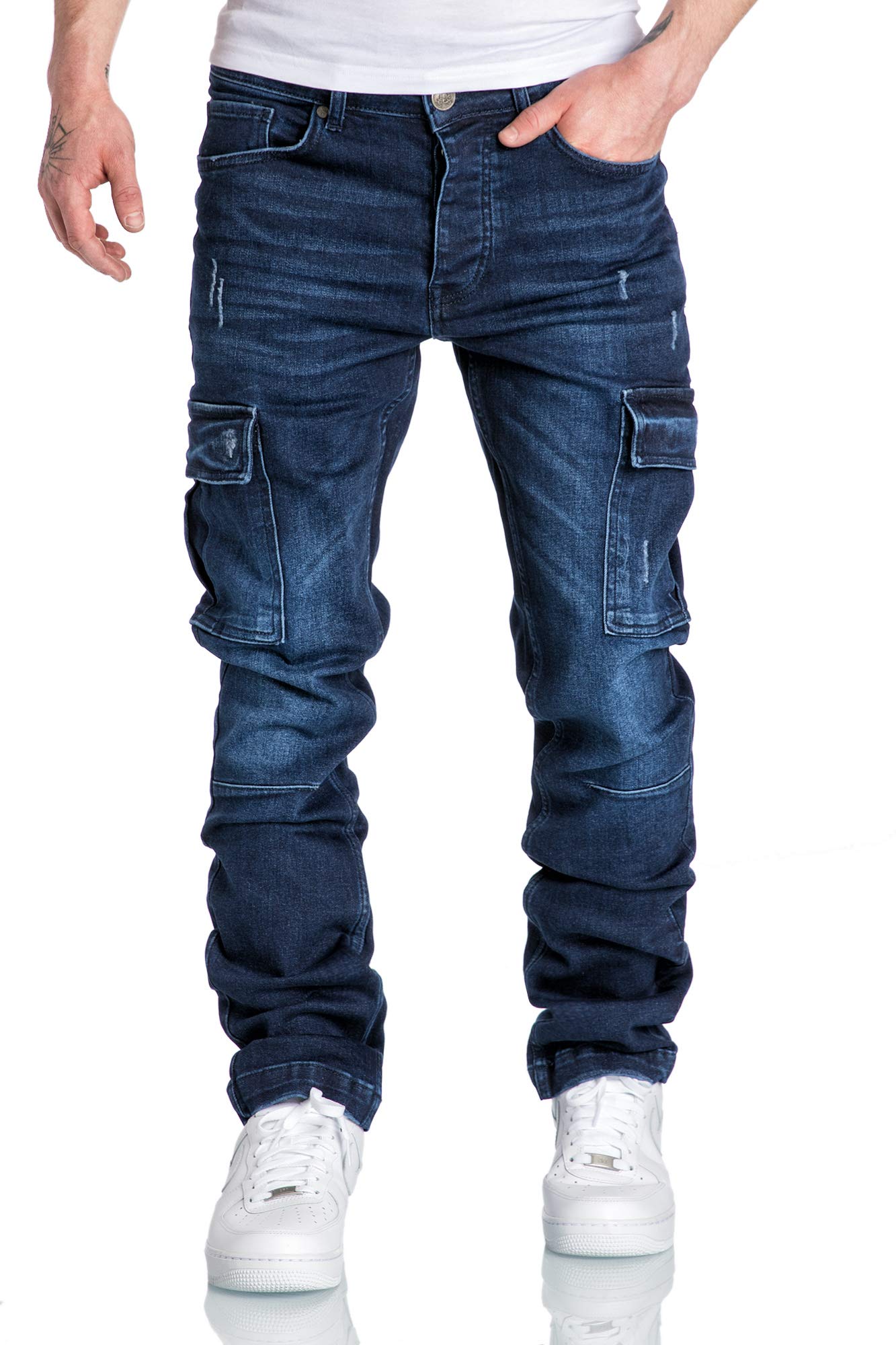 Amaci&Sons Men’s Cargo Jeans – Regular Slim Fit Destroyed Denim Pants