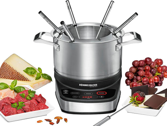 ROMMELSBACHER Electric Fondue Set F 1200 - Fondue Pot Made of Stainless Steel (2.5 Litres), 6 Fondue Forks, 3 Programmes, Extra Long Cable, High Temperature Accuracy, 1200 Watt