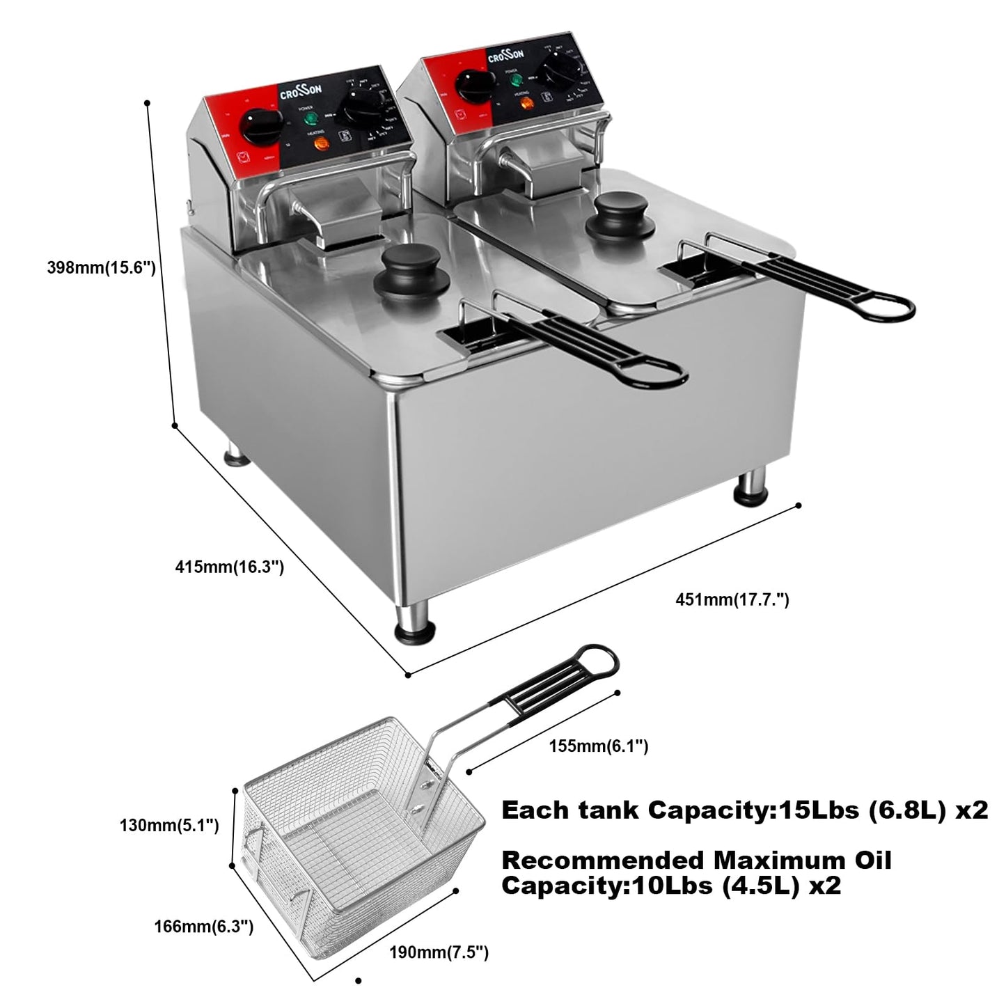 CROSSON 4L Elektrische Aufsatzfritteuse mit leicht zu reinigendem rotierendem Fritteusenkopf, 30 Minuten Timer, abnehmbarer Öltank 304 SS mit Griff (4L single tank)