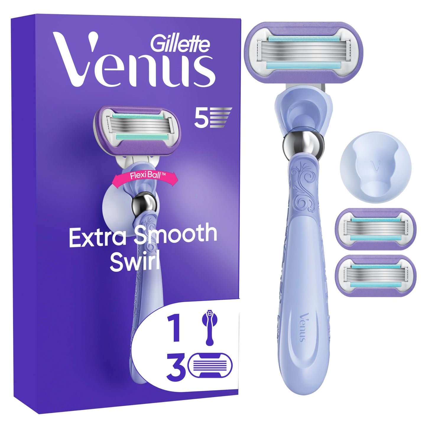 Gillette Venus Deluxe Smooth Swirl Rasierer Damen mit Feuchtigkeitsstreifen für Hautschutz, Damenrasierer + 3 Rasierklingen
