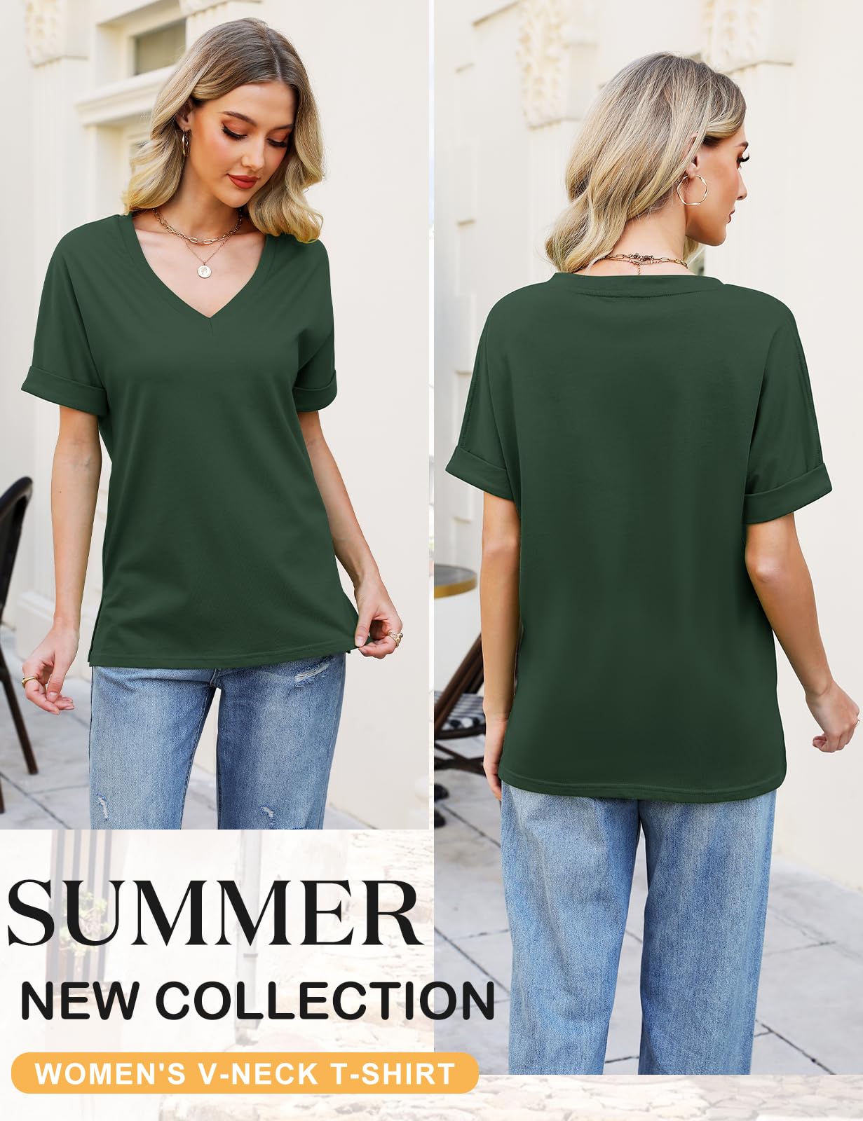 Women’s V-Neck Cotton T-Shirt – Short Sleeve Loose Fit Summer Tee