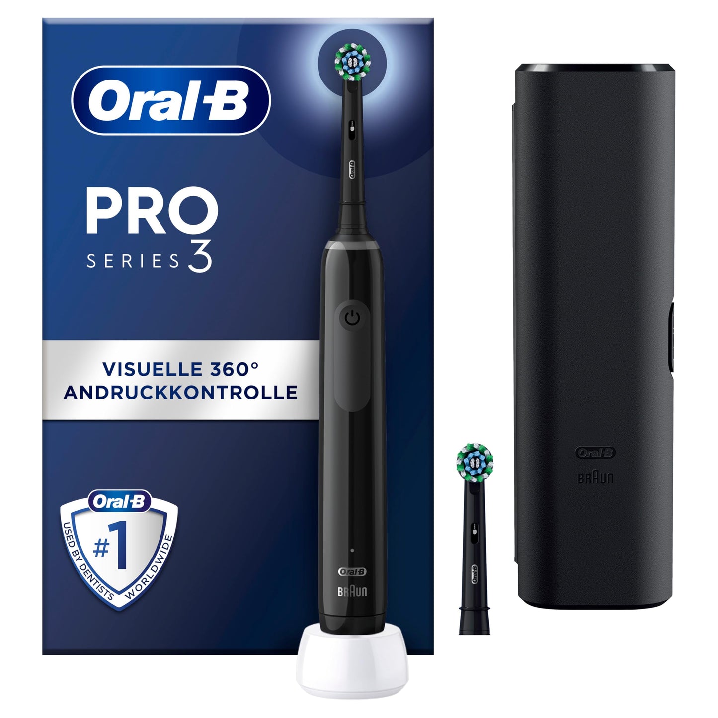 Oral-B PRO 3 3500 Elektrische Zahnbürste/Electric Toothbrush, 2 Aufsteckbürsten, mit 3 Putzmodi und visueller 360° Andruckkontrolle für Zahnpflege, Reiseetui, Geschenk Mann/Frau, schwarz