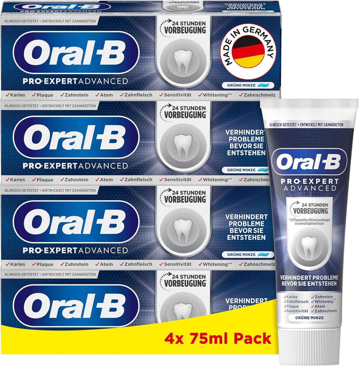 Oral-B Pro-Expert Advanced Zahncreme, 24 Stunden Plaque-Vorbeugung, Grüne Minze, Made in Germany, Zahnpasta, 4x 75 ml Pack