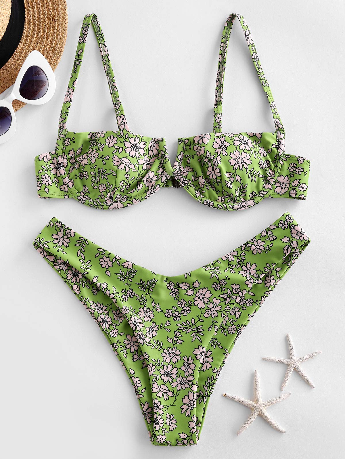 Zaful 2-Piece Bikini Set Floral High Cut Underwire Bikini for Women