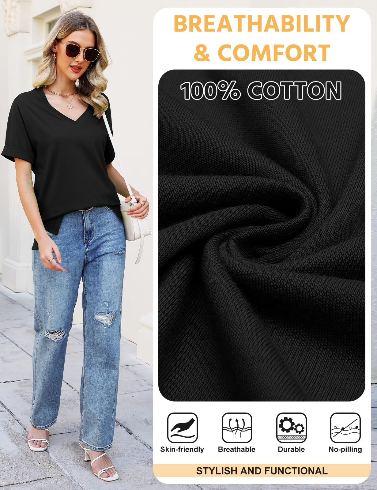 Women’s V-Neck Cotton T-Shirt – Short Sleeve Loose Fit Summer Tee