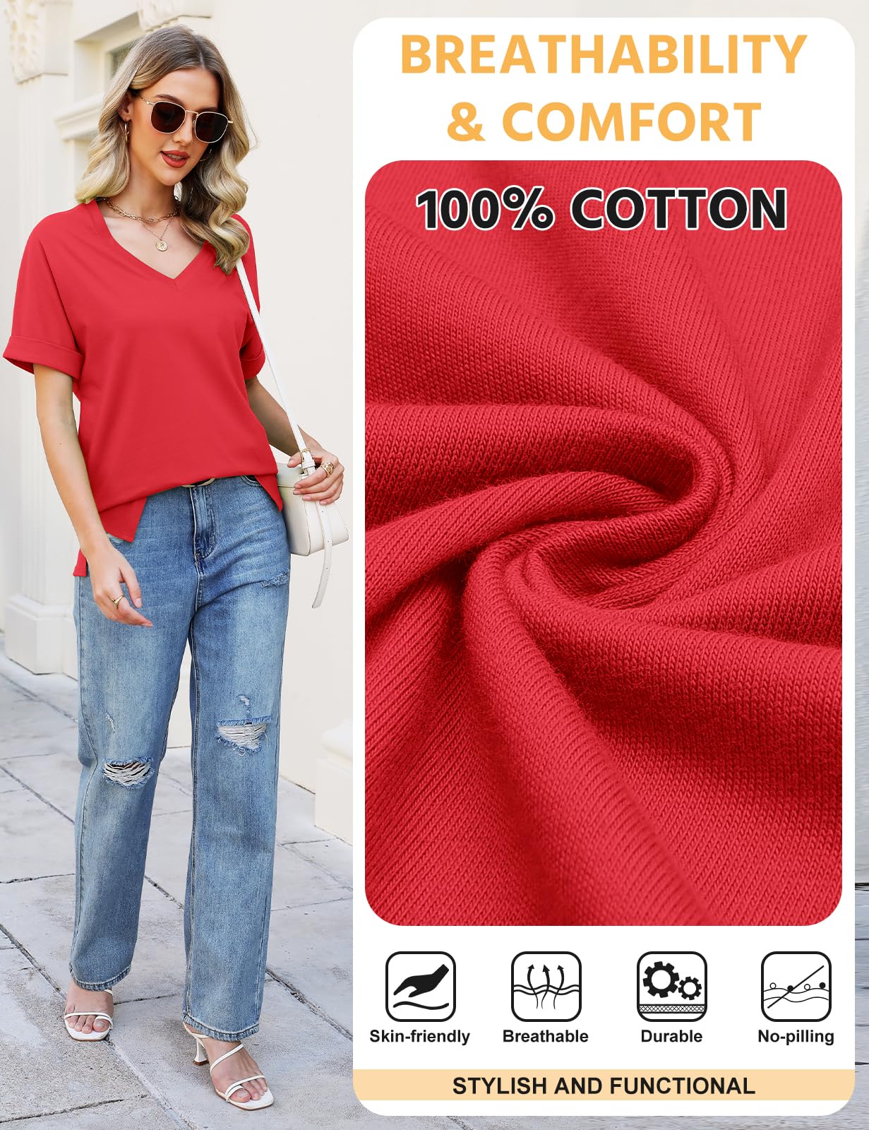 Women’s V-Neck Cotton T-Shirt – Short Sleeve Loose Fit Summer Tee