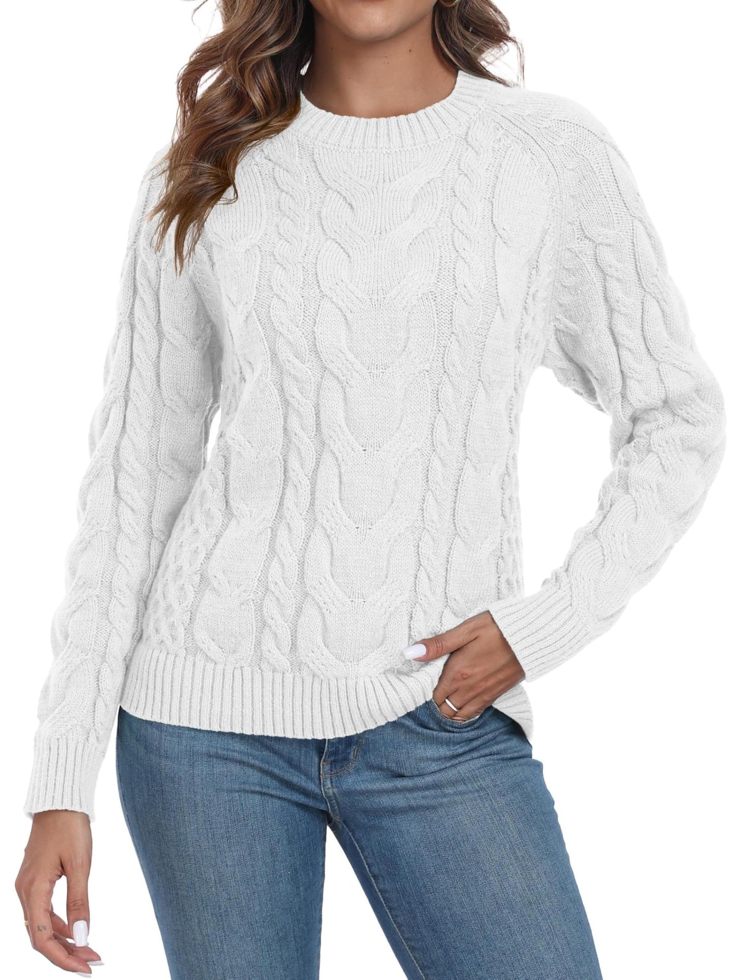 QIXING Women's Cable Knit Sweater – Elegant Long Sleeve Round Neck Winter Pullover