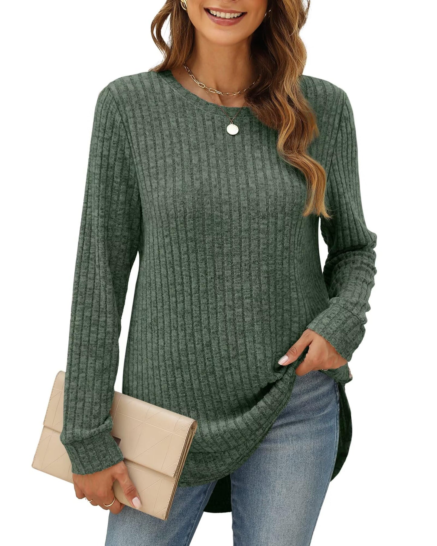 XIEERDUO Women's Pullover Sweater – Curved Hem Knit Sweatshirt