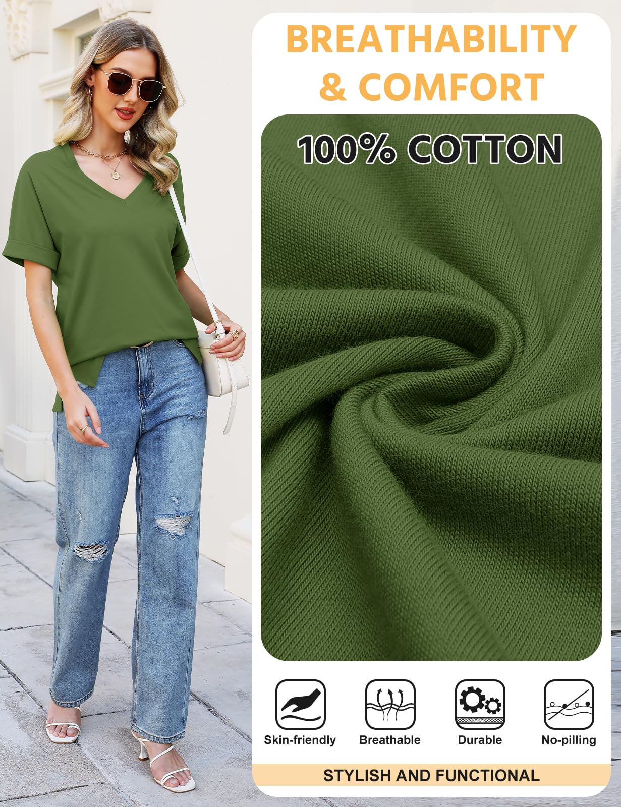 Women’s V-Neck Cotton T-Shirt – Short Sleeve Loose Fit Summer Tee