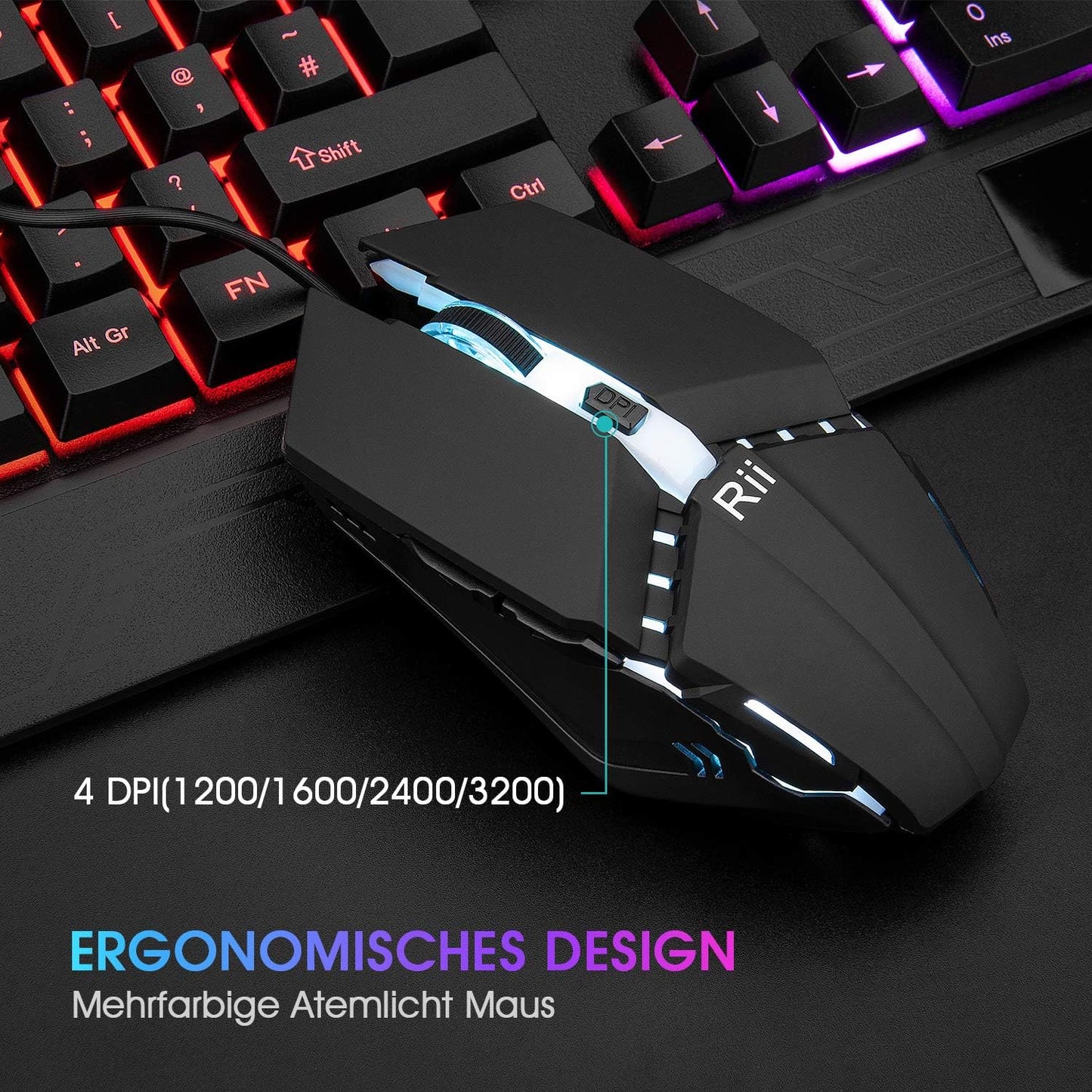 Rii Gaming Tastatur und Maus Set, Maus und Tastatur, RGB Hintergrundbeleuchtung QWERTZ (DE-Layout), Regenbogen Farben Beleuchtete USB Wasserdicht Tastatur und Maus mit 3200 für Pro PC Gamer