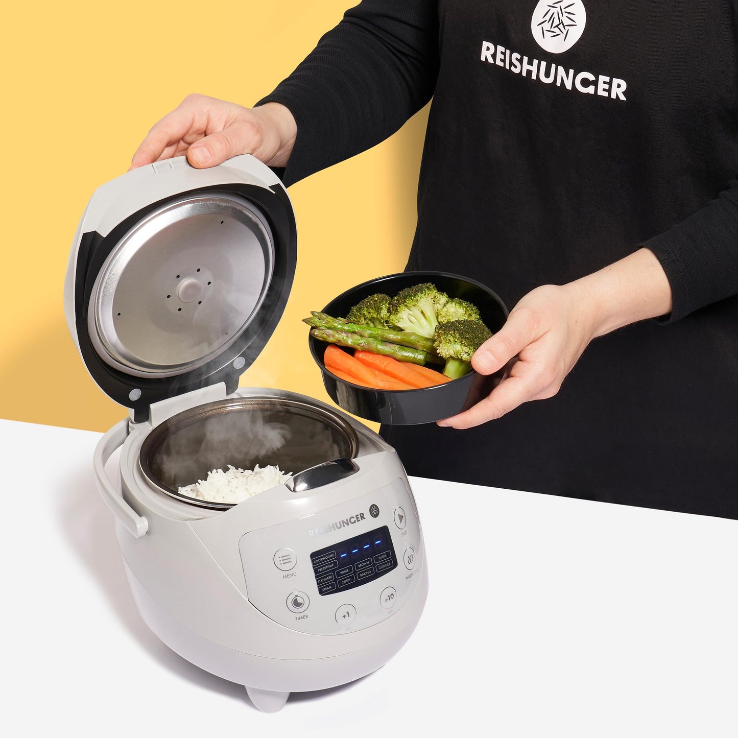 REISHUNGER Digitaler Reiskocher klein, schwarz | 0,6 L bis 3 Personen | Warmhaltefunktion, Timer & Premium Topf | Kleiner Multikocher & Dampfgarer, 8 Programme, 7-Phasen-Technologie