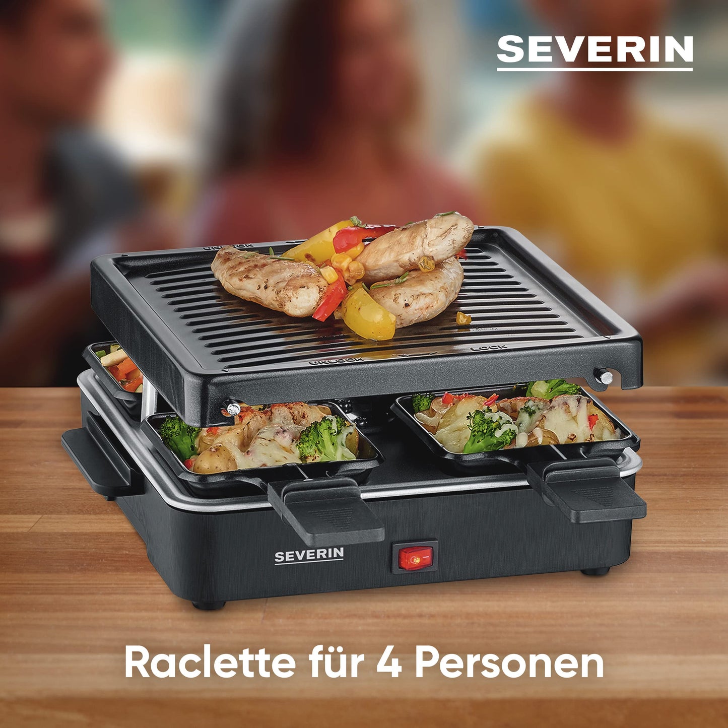 SEVERIN Mini Raclette-Grill für 4 Personen, platzsparend und kompakt, antihaftbeschichtet, 600 W, schwarz, RG 2370