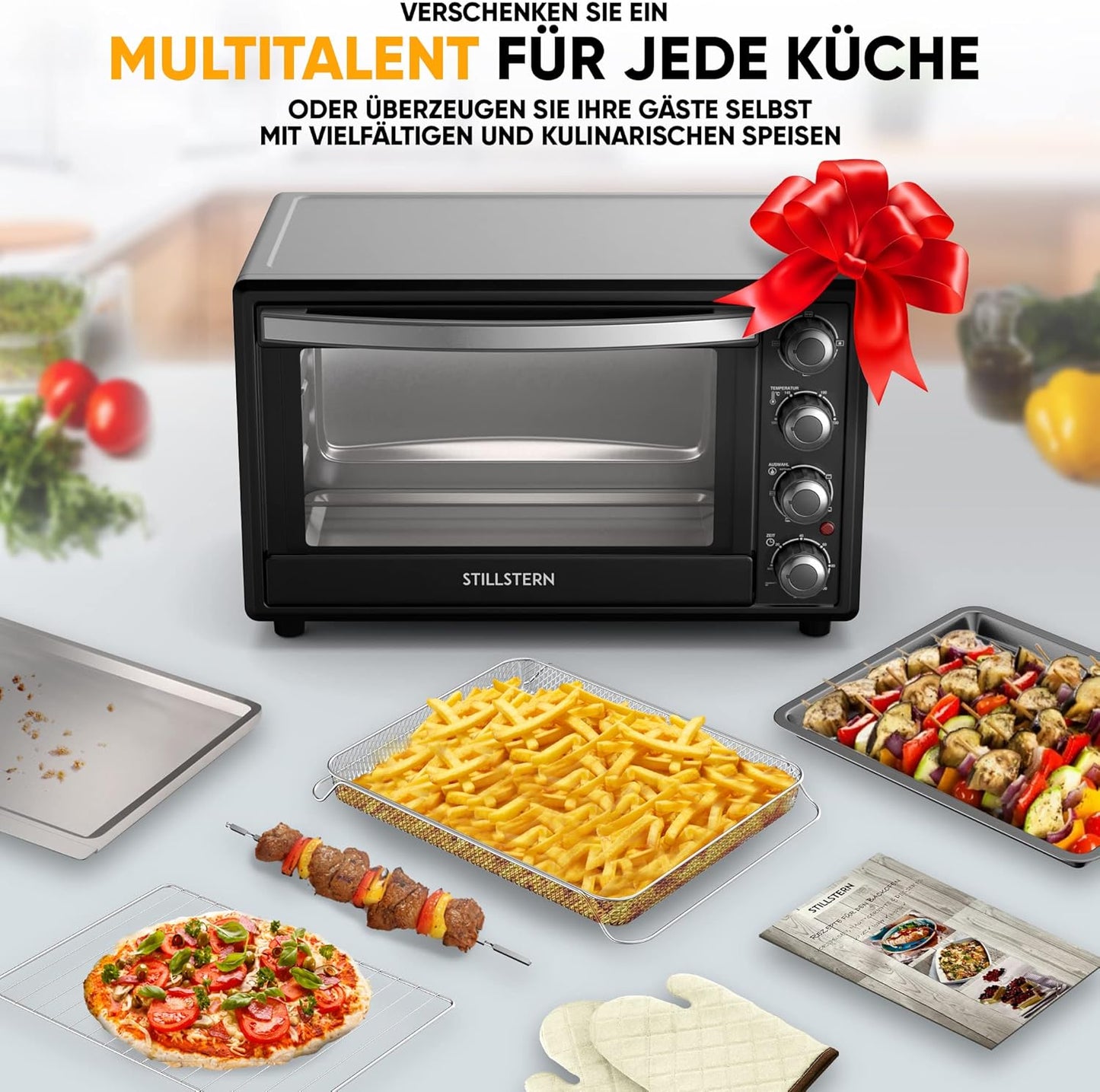 Stillstern Minibackofen mit Umluft (35L) NEU: CYCLONE PRO+ (Antihaftbeschichtung), DE Version, Airfryer-Einsatz, Rezeptheft, Drehspieß, 1600W Toaster Grill Pizzaofen Mini Backofen Ideal für Camping