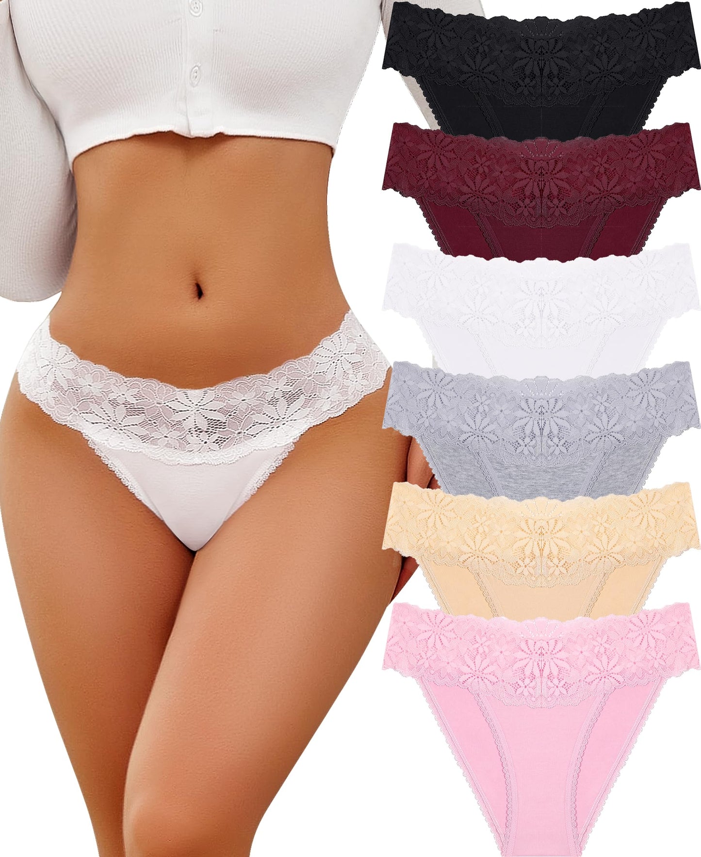 Women's Lace Cotton Hipster Panties Pack of 6 Soft Breathable Briefs - S–XL