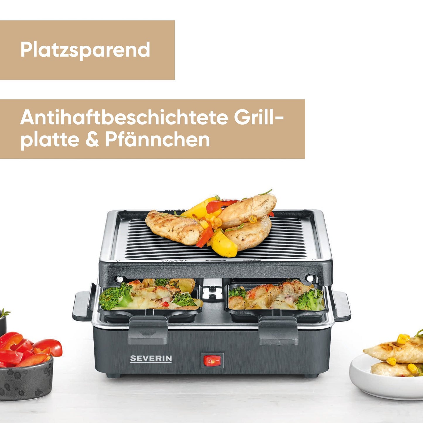 SEVERIN Mini Raclette-Grill für 4 Personen, platzsparend und kompakt, antihaftbeschichtet, 600 W, schwarz, RG 2370
