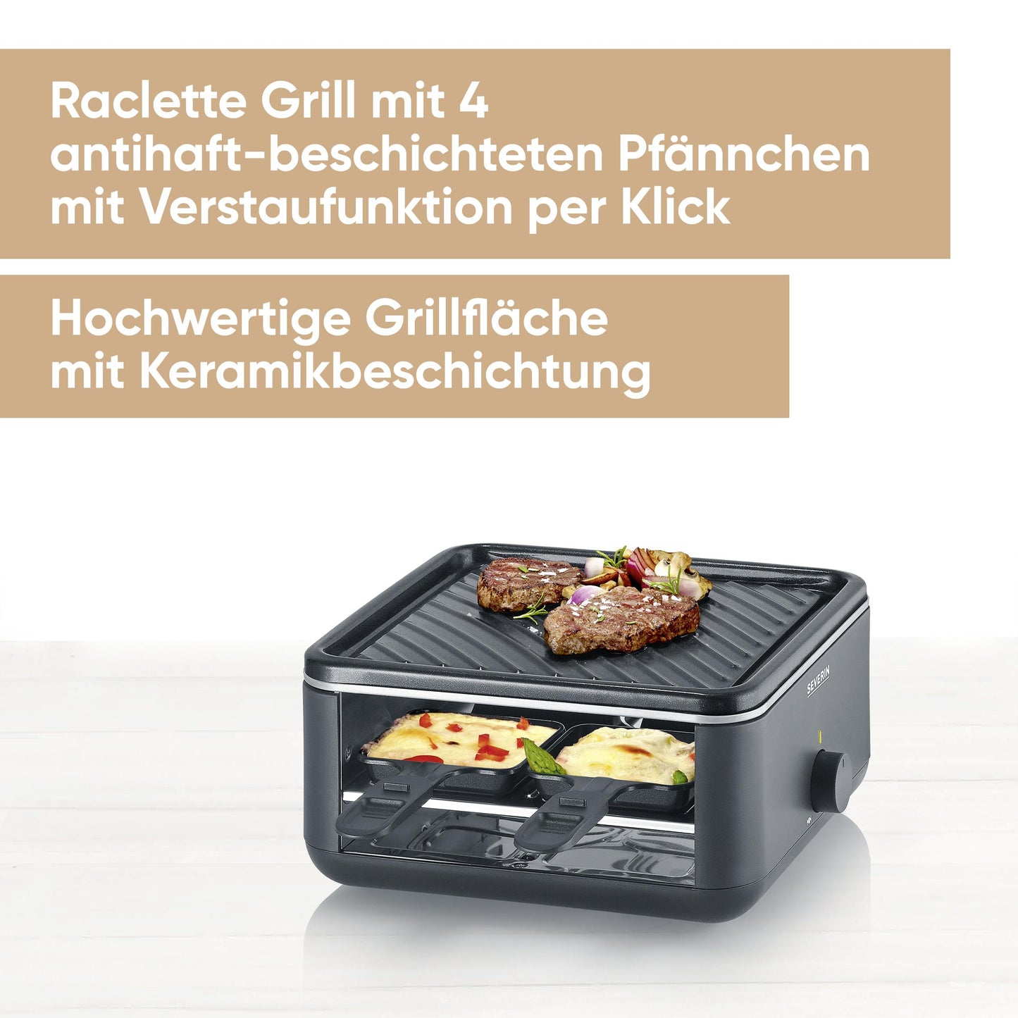 SEVERIN Mini Raclette-Grill für 4 Personen, platzsparend und kompakt, antihaftbeschichtet, 600 W, schwarz, RG 2370