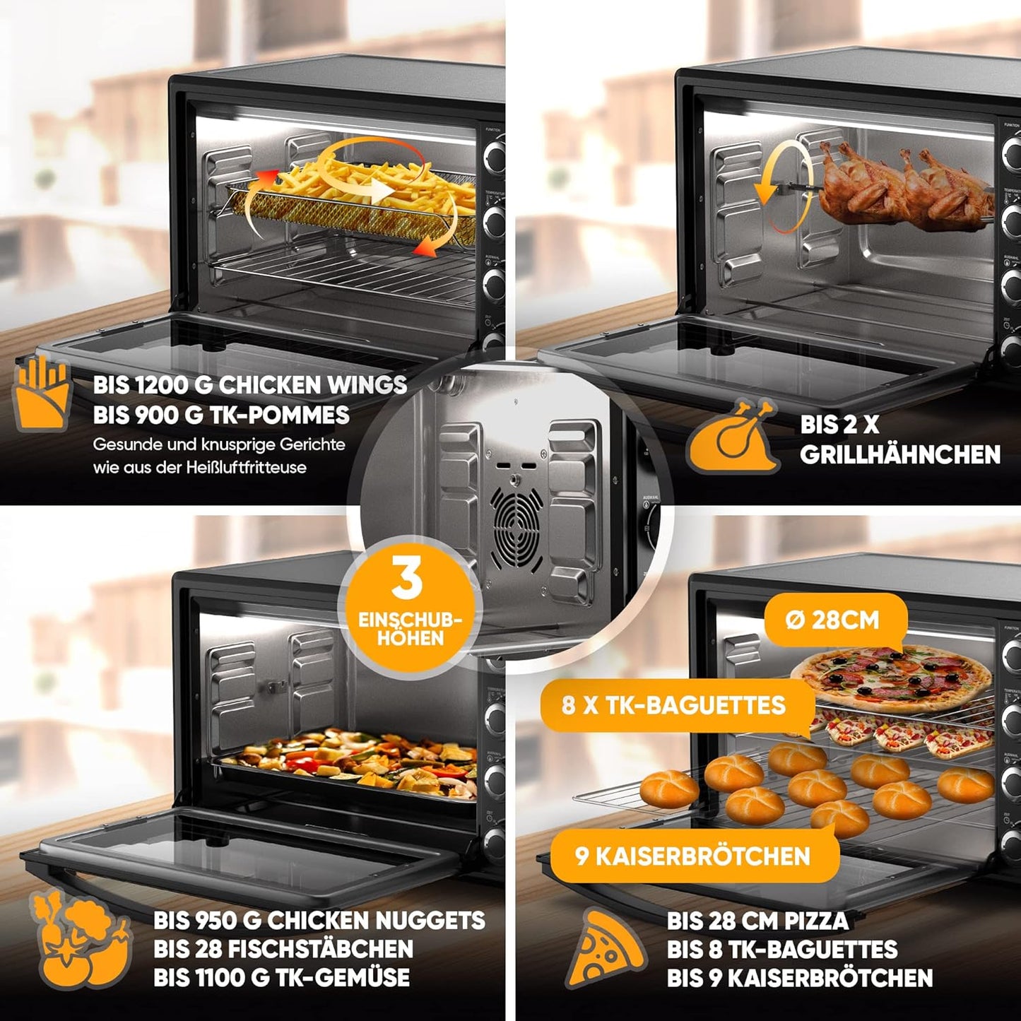 Stillstern Minibackofen mit Umluft (35L) NEU: CYCLONE PRO+ (Antihaftbeschichtung), DE Version, Airfryer-Einsatz, Rezeptheft, Drehspieß, 1600W Toaster Grill Pizzaofen Mini Backofen Ideal für Camping