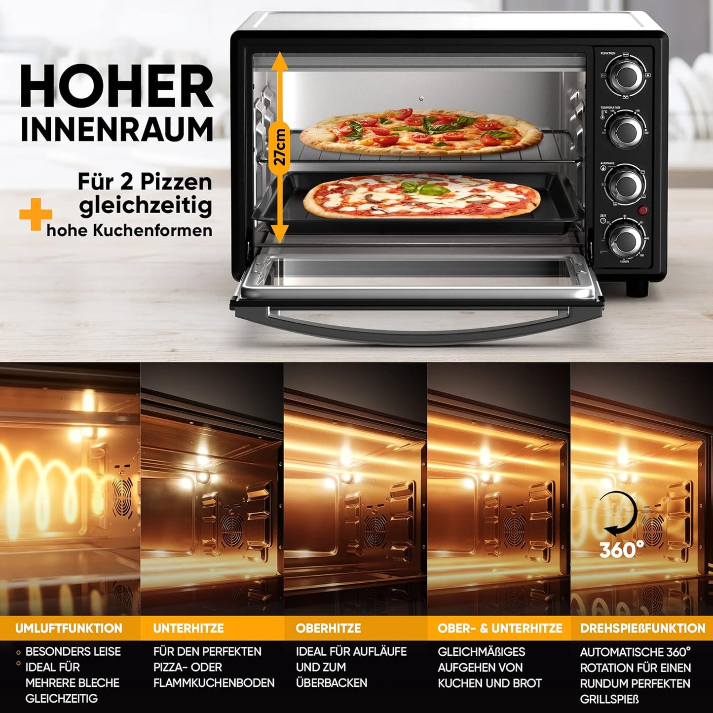 Stillstern Minibackofen mit Umluft (35L) NEU: CYCLONE PRO+ (Antihaftbeschichtung), DE Version, Airfryer-Einsatz, Rezeptheft, Drehspieß, 1600W Toaster Grill Pizzaofen Mini Backofen Ideal für Camping