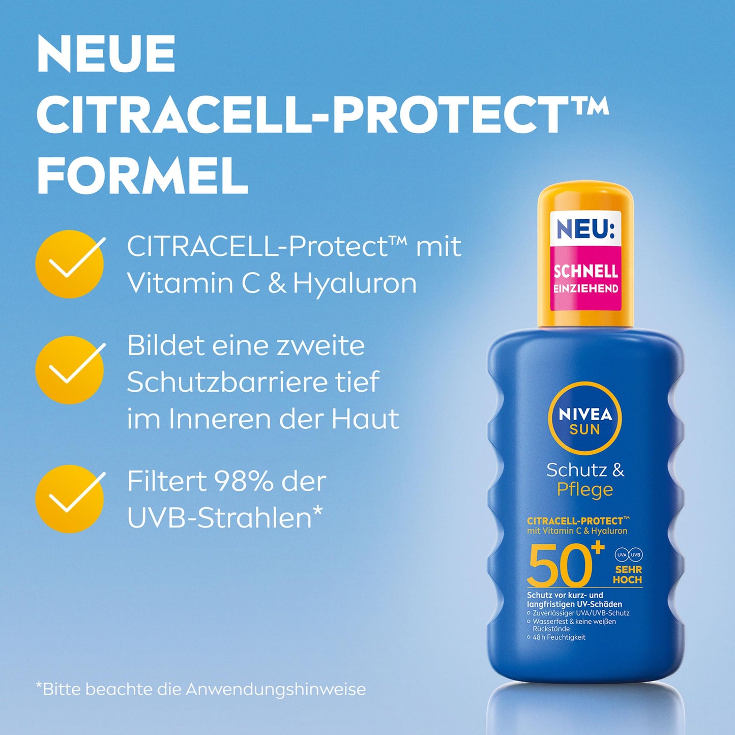 NIVEA SUN Schutz & Pflege Sonnenspray LSF 50+, wasserfestes Sonnencreme Spray mit Vitamin C & Hyaluron, schnell einziehender Sonnenschutz für 48h Feuchtigkeit (200 ml)